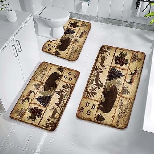 Juego de 3 alfombras de baño rústicas, alfombras de baño de estilo rústico con oso, alce, bosque, granja, granja, granja, granja, granja, granja, disponible en Yaxa Peru