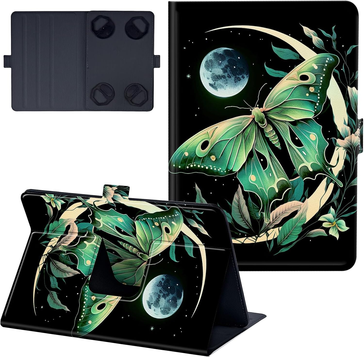 Universal Case for 10.5-11.5 inch Tablet, Leather Stand Protective Case Cover for 10.5" 11" 11.5" Tablet with Adjustable Fixing Silicon Band, Butterfly Moon Aesthetic