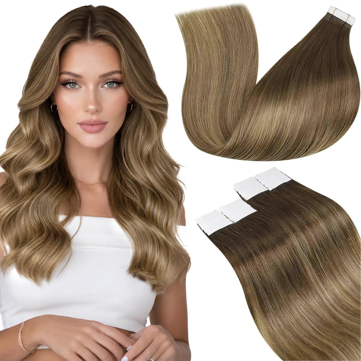 LaaVoo Przedłużanie Włosów Taśmie Brązowy Ombre Jasny Brąz Balayage Ciemny Blond Taśmie Przedłużanie Włosów Naturalnych 50cm/20cali Taśmie Przedłużanie Włosów Ludzkich 20sztuk/50g #6/8/14