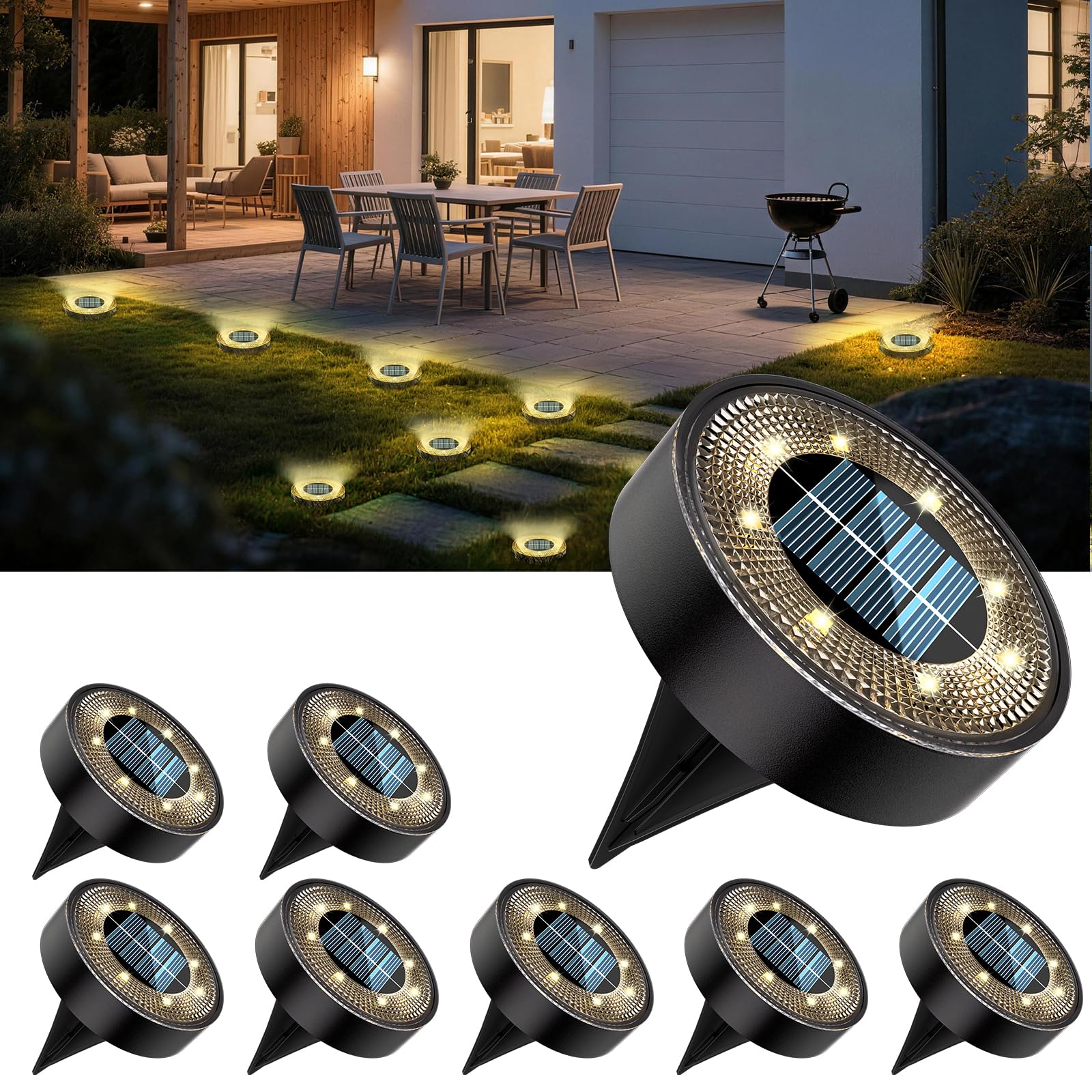 ICRGB Solar Bodenleuchten Aussen 8 Stück, IP68 Wasserdichte Solarlampen mit 8 LEDs für Außen Garten, Rasen, Auffahrt, Gehweg, Terrasse (Warmweiß)