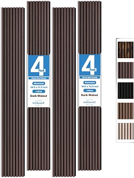 Mollywell Wood Panels for Wall, Walnut, 4 Pcs, 94.5x12.5 in | Easy Installation, MDF, Wood Grain Veneer, NRC 0.95, Sound Absorbing, Modern Slat Wall Decor, Home, Office, Living Room