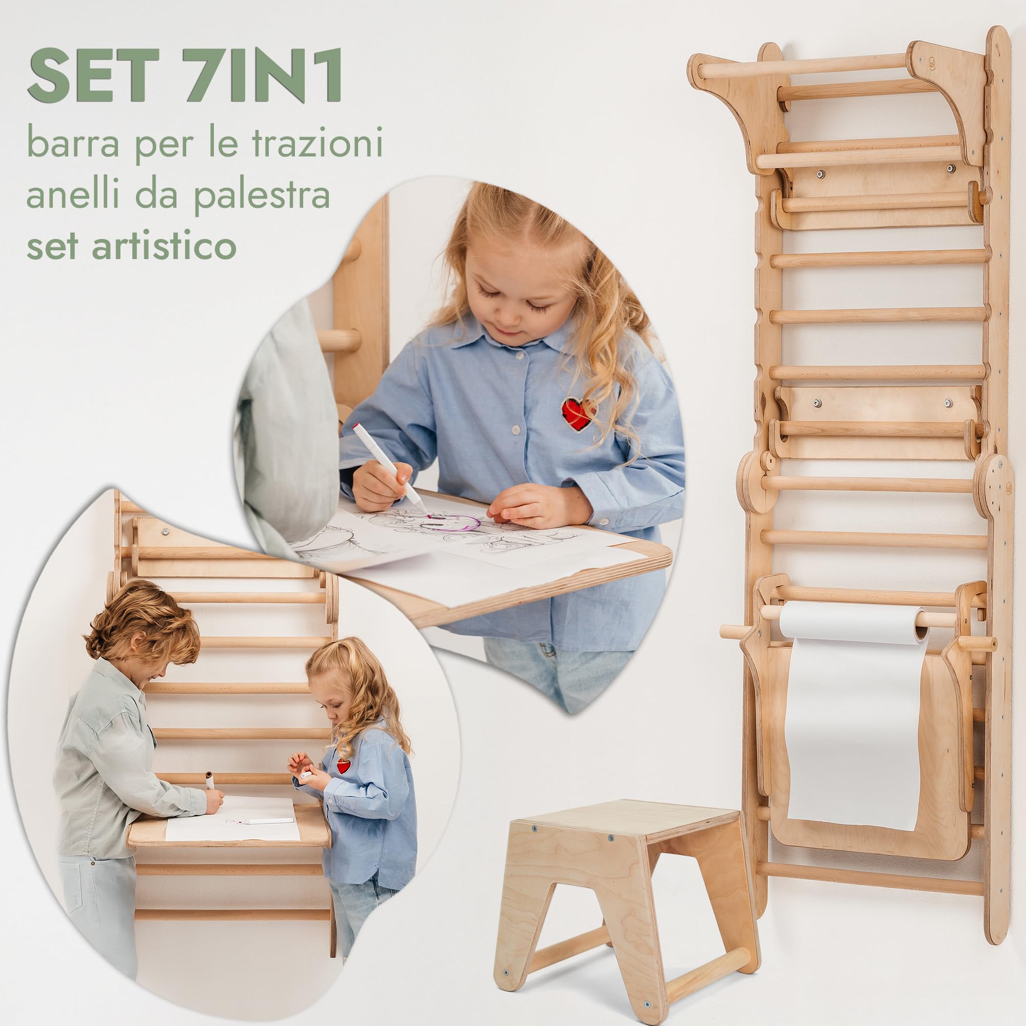 Goodevas Set da Parete Svedese 6 in 1 e Scivolo per Bambini, Versatile, Scala da Arrampicata, Altalena e tavola Scorrevole, Attrezzatura da Gioco Ideale per Interni, per Bambini da 2 a 12 Anni