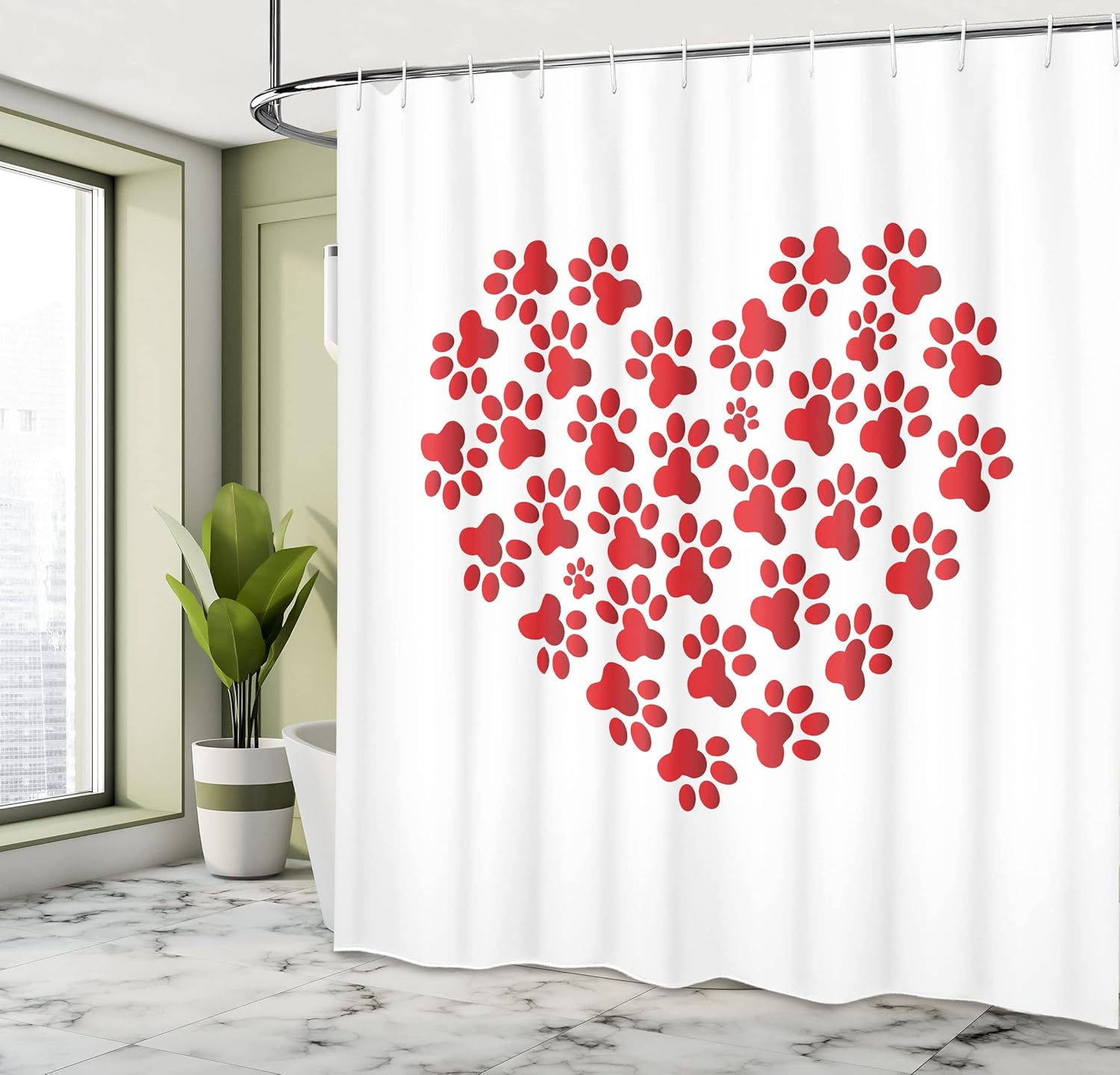 Ambesonne Cat Shower Curtain, Heart Shape with Cat and Dog Paw Print Funny Fashion Modern Romantic Design Print, Cloth Fabric Bathroom Decor Set with Hooks, 69" W x 70" L, Scarlet White