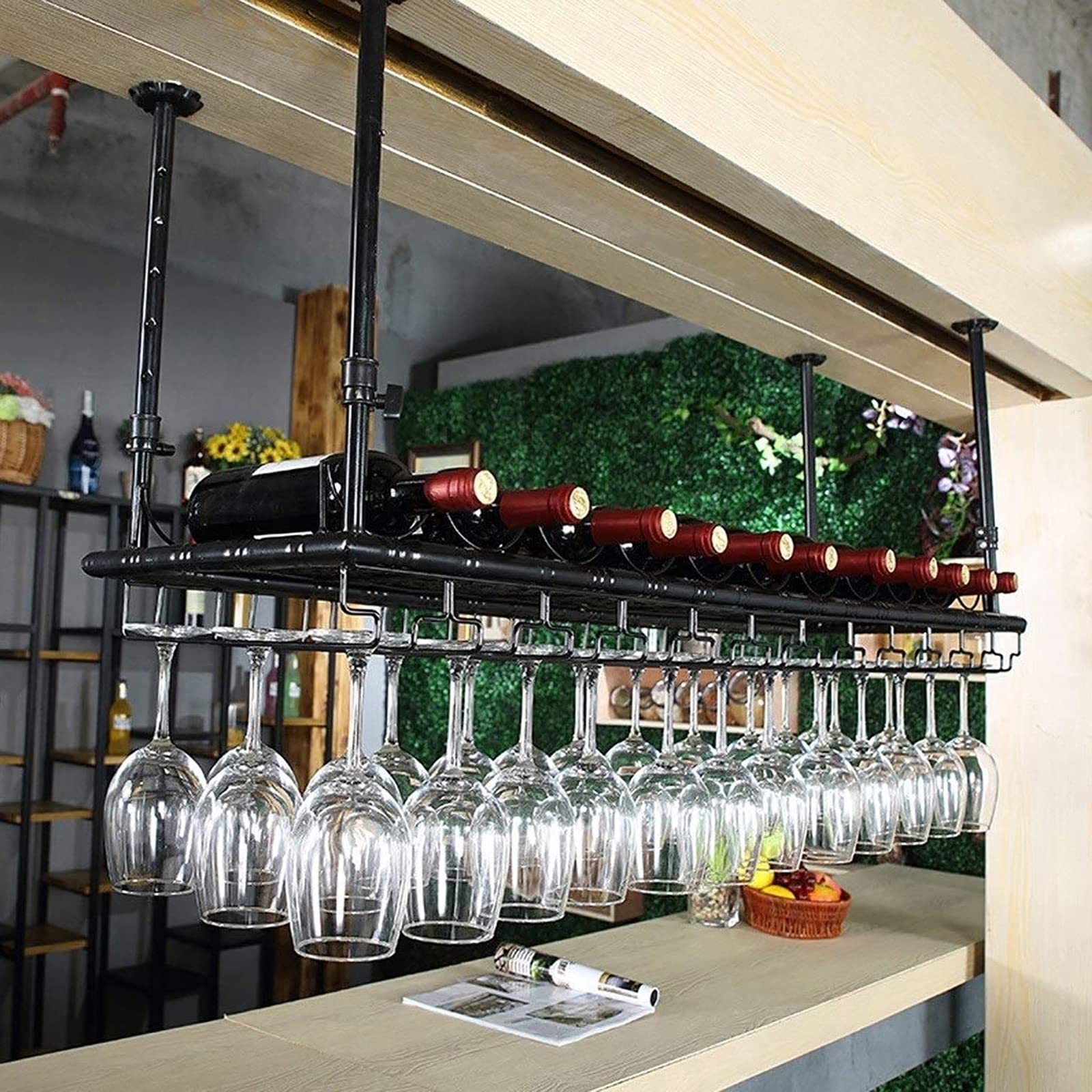 Casier à vin de plafond suspendu métal noir rangement bouteilles verres style industriel