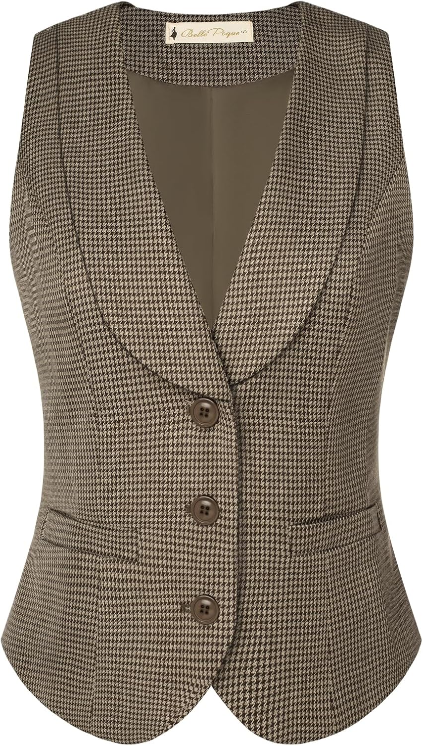 Belle Poque Vintage Lapel Collar Suit Vest Tops for Women V Neck Sleeveless Work Dressy Waistcoat Blazer with Pockets