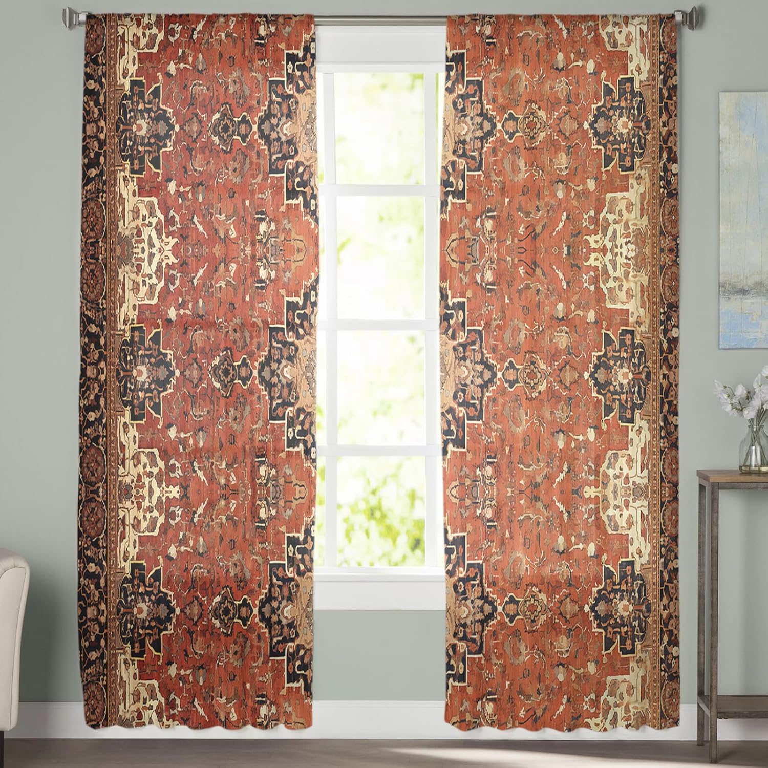 Retro Sheer Curtains 72 Inch Long 2 Panels, Mural Wallpaper Medieval Turkish Patterns Curtains for Living Room Rod Pocket Sheer Drapes Light Filtering Voile Window Treatment 52" W x 72" L