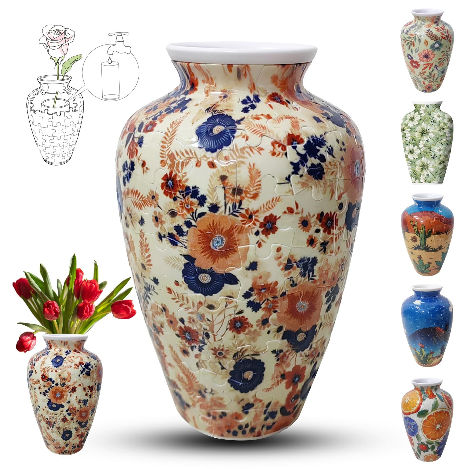 Adults 3D Jigsaw Vase, 120 Pieces, DIY Jigsaw Puzzle, 3D curved puzzle with water column, perfect for displaying real or artificial flowers and flower arrangements(Yellow flowers)