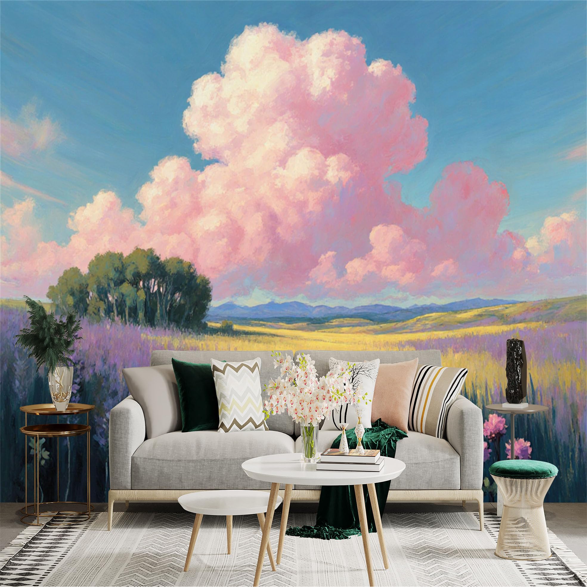 Custom Size Wall Sticker Mural， Pink Clouds Over Meadow， Golden Wheat Field， Vibrant Summer Landscape， Impressionist Nature Art， for wall Decoration， peelandstick wall Decals.