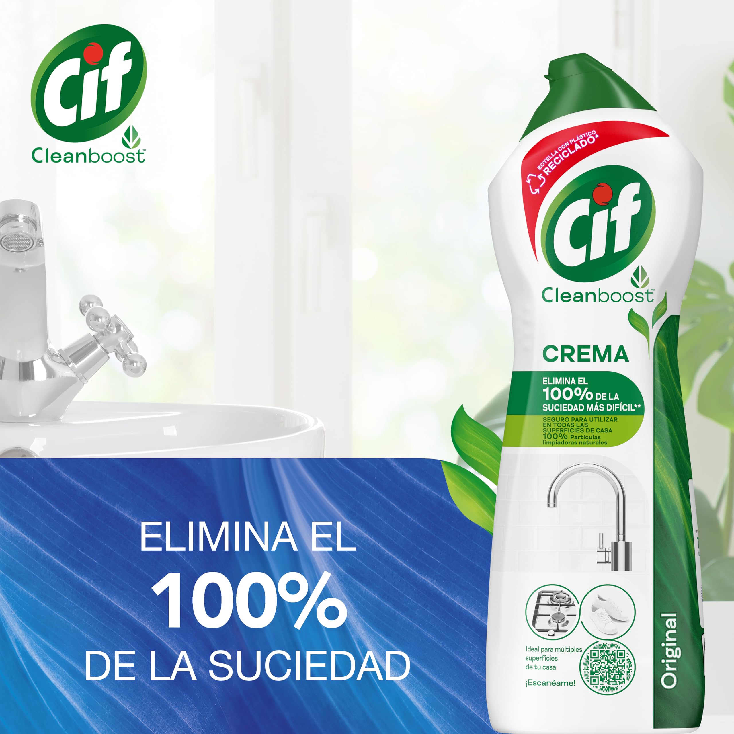 CIF Crema Original Multisuperficies, Potente Limpiador con Fórmula de Micropartículas para el Baño y Cocina, 750 ml