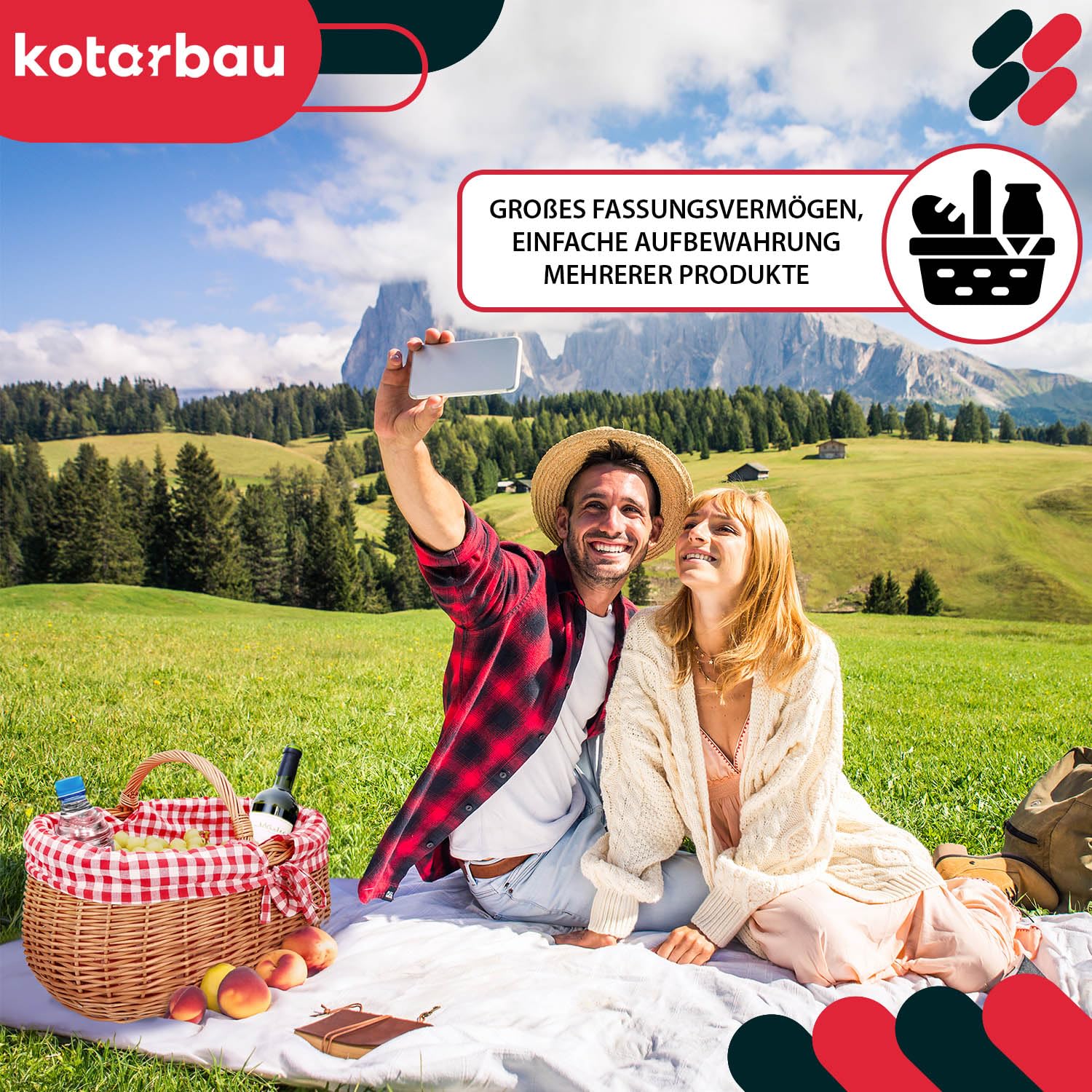 KOTARBAU® Cesta de Mimbre - con Asa - 46 x 32 x 43 cm - Marrón - Cesta Setas - Compra Picnic - con Forro de Tela a Cuadros Rojos - Decorativa - Ligera