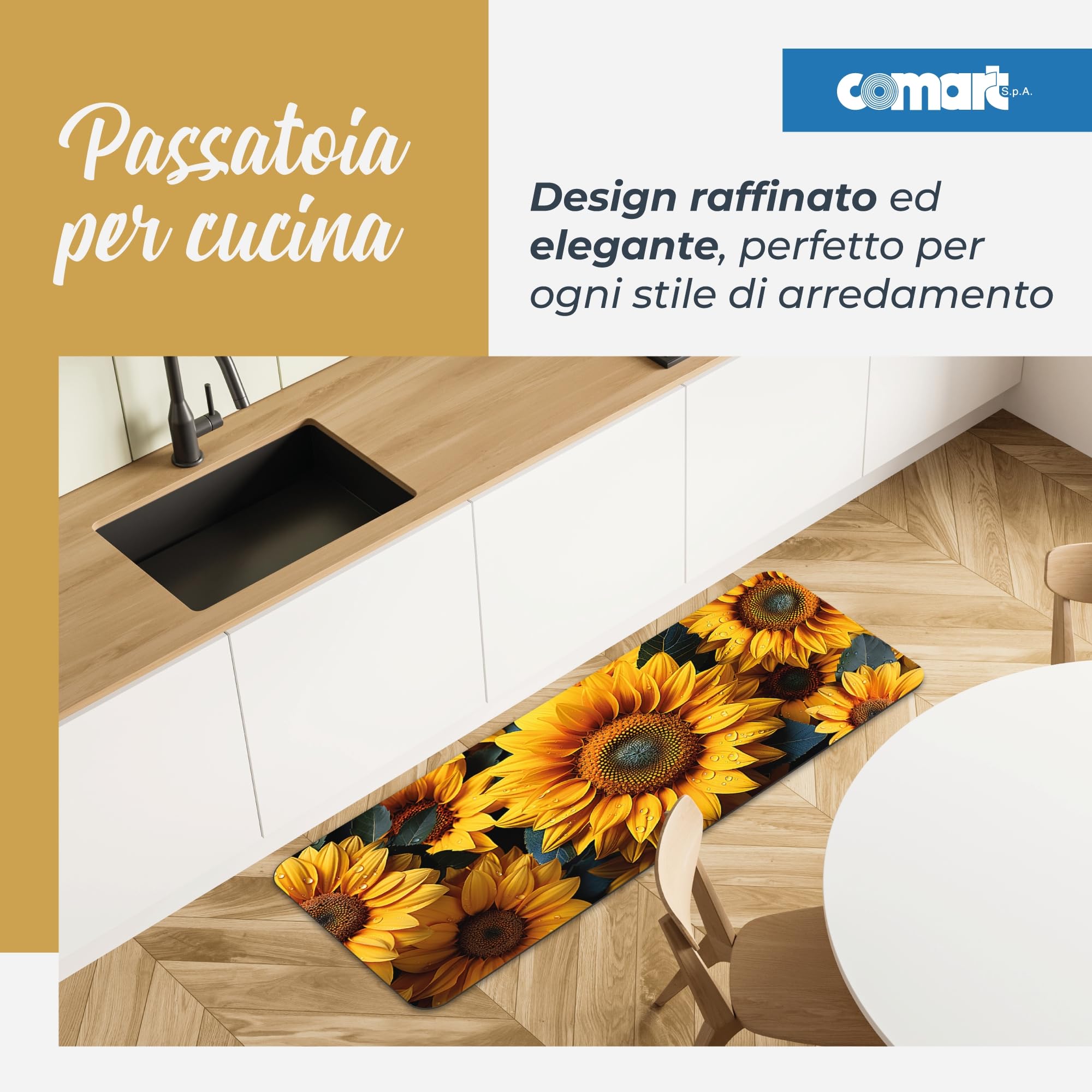 Comart - Tappeto Cucina Austin - Impermeabile - Antiscivolo - Antimacchia - Lavabile in Lavatrice - Passatoia in Poliestere - per Corridoio e Cucina - Made in Italy - Fiori Girasoli - 50x130 cm