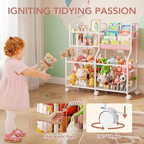 Miniatura 2 de BBLIKE Organizador de almacenamiento de animales de peluche, estantería rodante para niños y almacenamiento de juguetes con exhibición de libros de