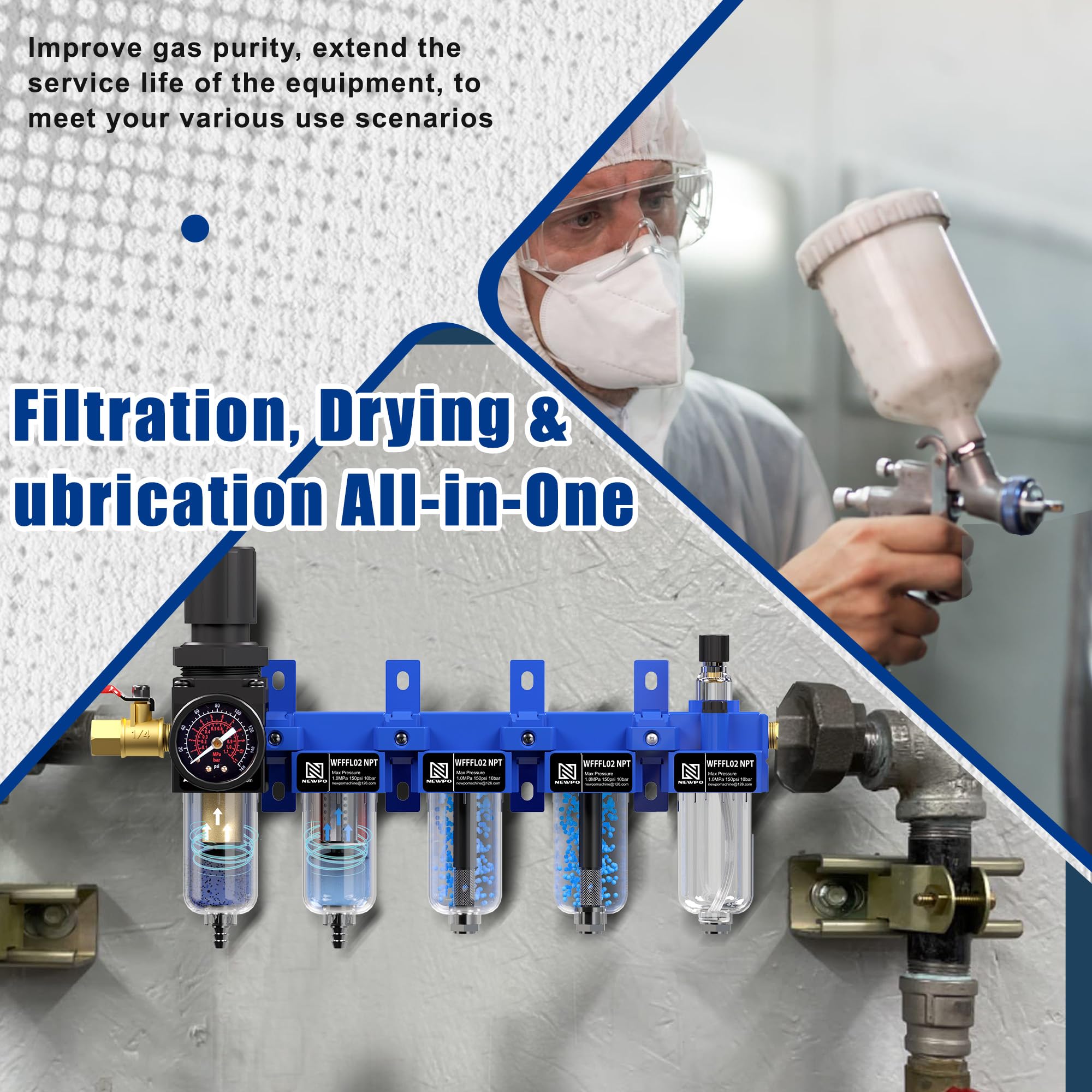 NEWPO Combo de lubricador regulador de filtro de aire NPT de 1/4 pulgadas, sistema de aire comprimido de 5 etapas con filtración, secadores desecantes, separador de trampa de agua/aceite, drenaje