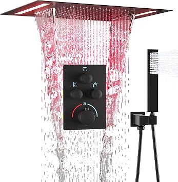 Rain Shower System, 2 in 1 Functions Rainfall Waterfall 14x20 Inch Ceiling Mount LED Shower Head with Square Handheld, Push Button Thermostatic Shower Valve Can All Run Together, Matte Black