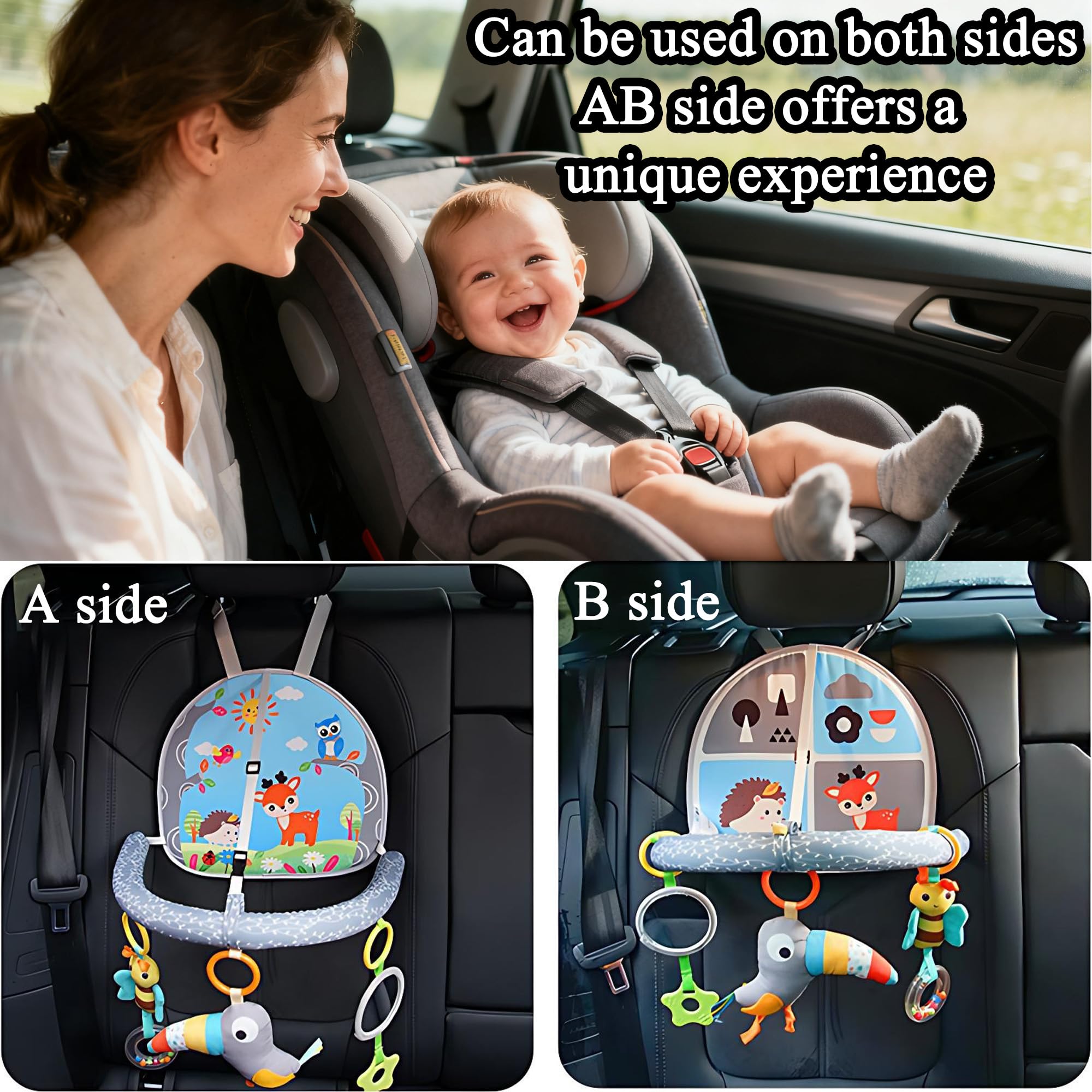 Juguete para el Asiento del Coche para bebés con Espejo y 3 Juguetes Colgantes, Asiento Trasero para bebés, Juguete de Actividad para bebés de 0 a 12 Meses, Juguete para cochecitos ﻿ (Azul)