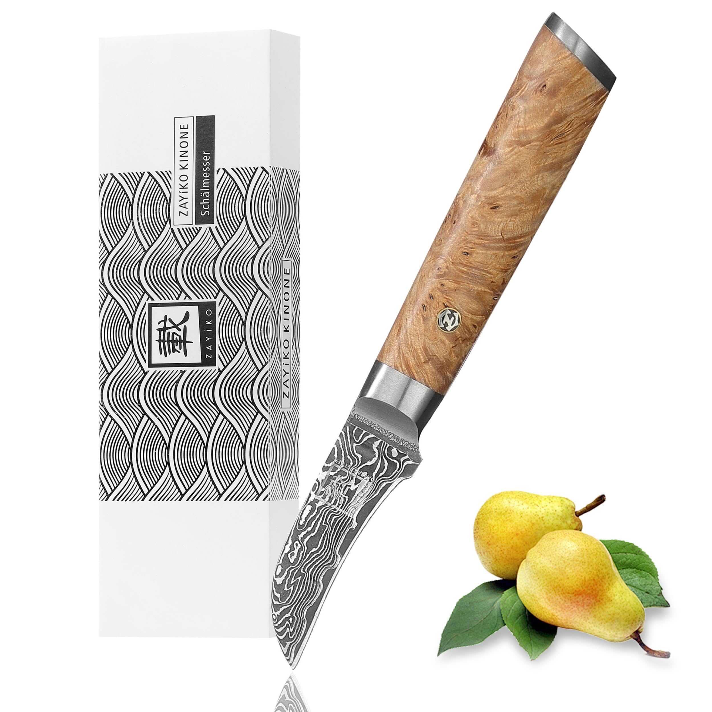 zayiko Kinone Schälmesser 6 cm, 67 Lagen Damaststahl, VG10 Kern, 60 ± 2 HRC | Dunkles Klingenfinish, Birkenwurzelholzgriff, beidseitiger 15° V-Schliff, zum Schälen, Putzen und Tournieren, mit Geschenkbox
