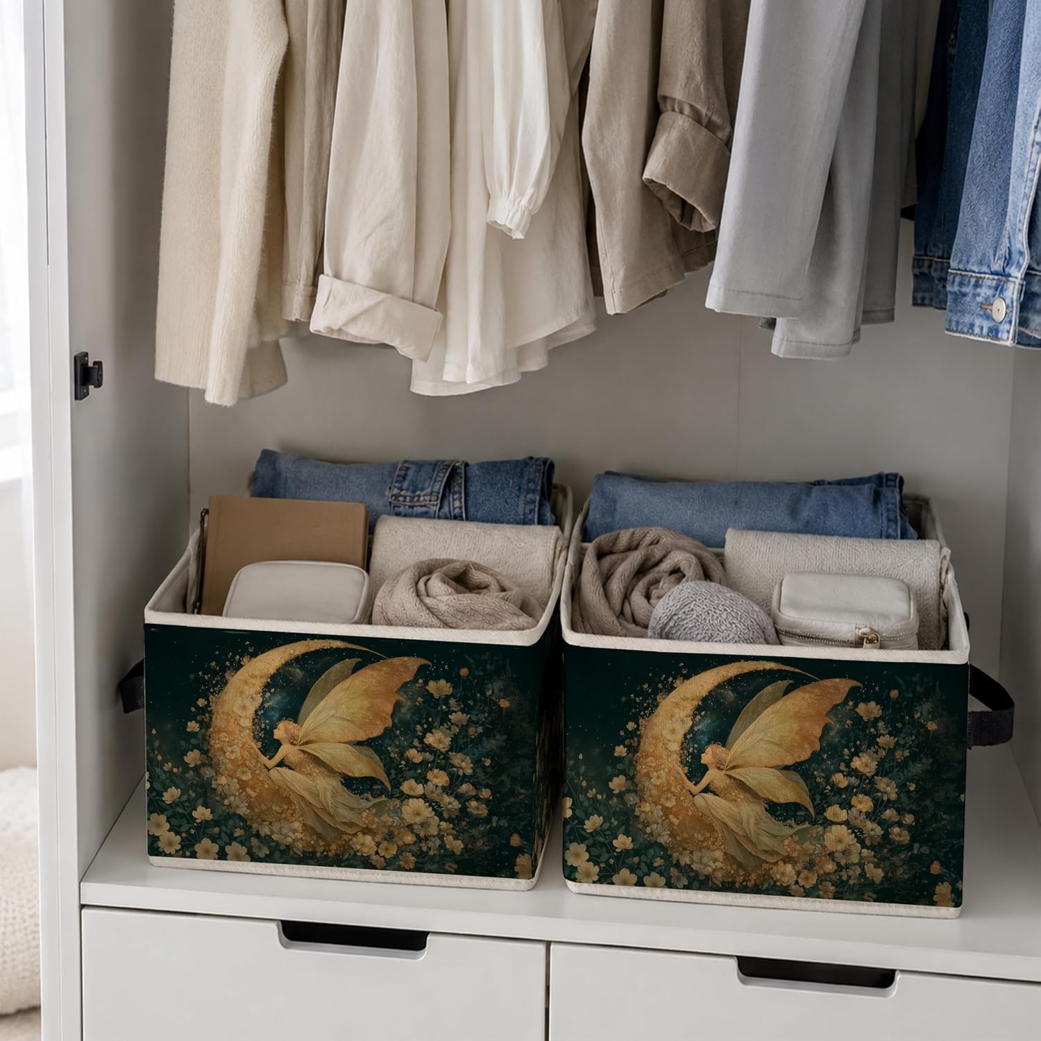 Moody Moon Fairy Floral Storage Bins Box, Fantasy Whimsical Fairycore Wildflower Collapsible Storage Basket Clothes Toys Books Organizer for Bedroom Laundry Room Home Decor