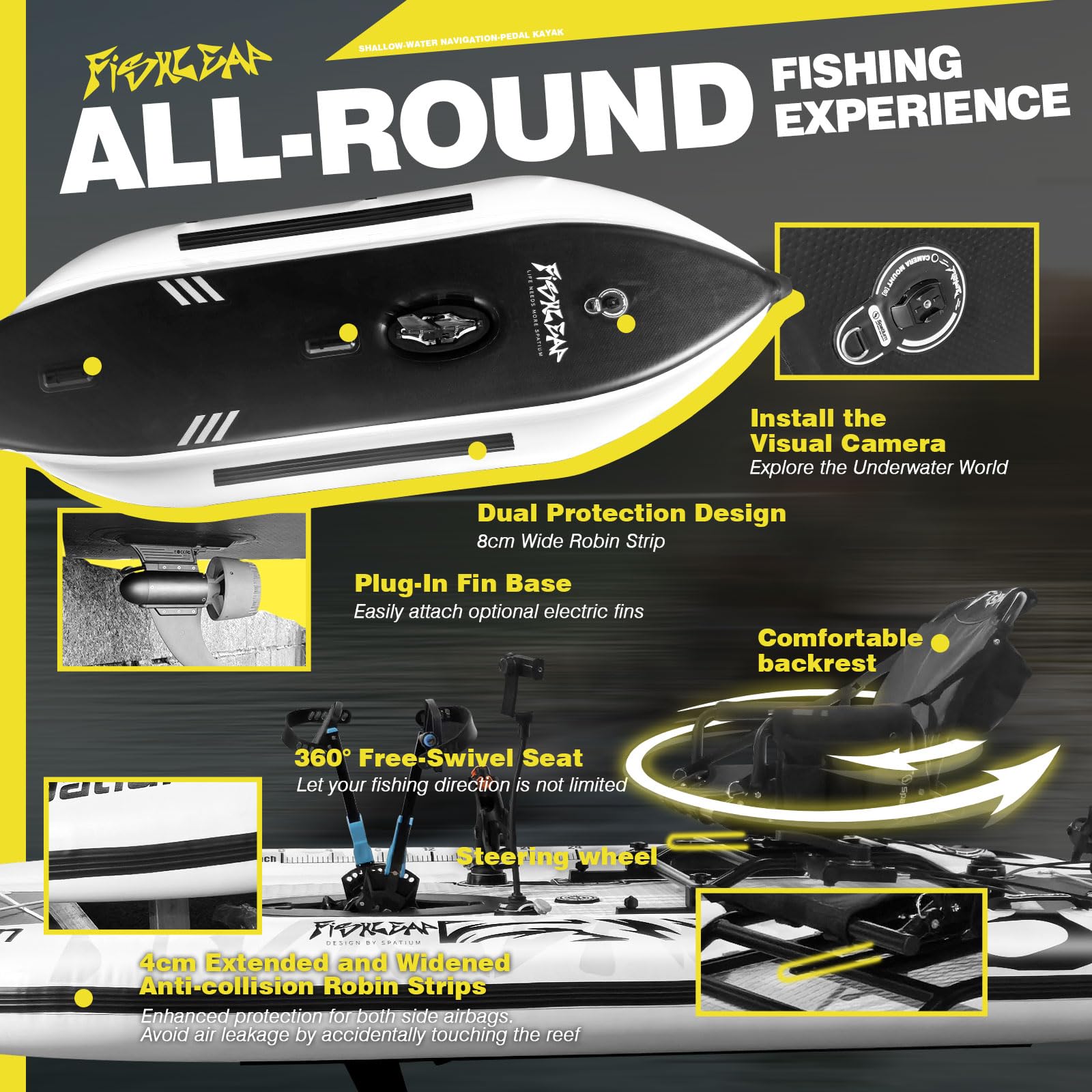Spatium Pedale seduto sulla parte superiore, per pesca, kayak, design anti-collisione, con sedile girevole a 360°, extra larghezza, barca gonfiabile per adulti, adatta per fiumi, oceani, laghi