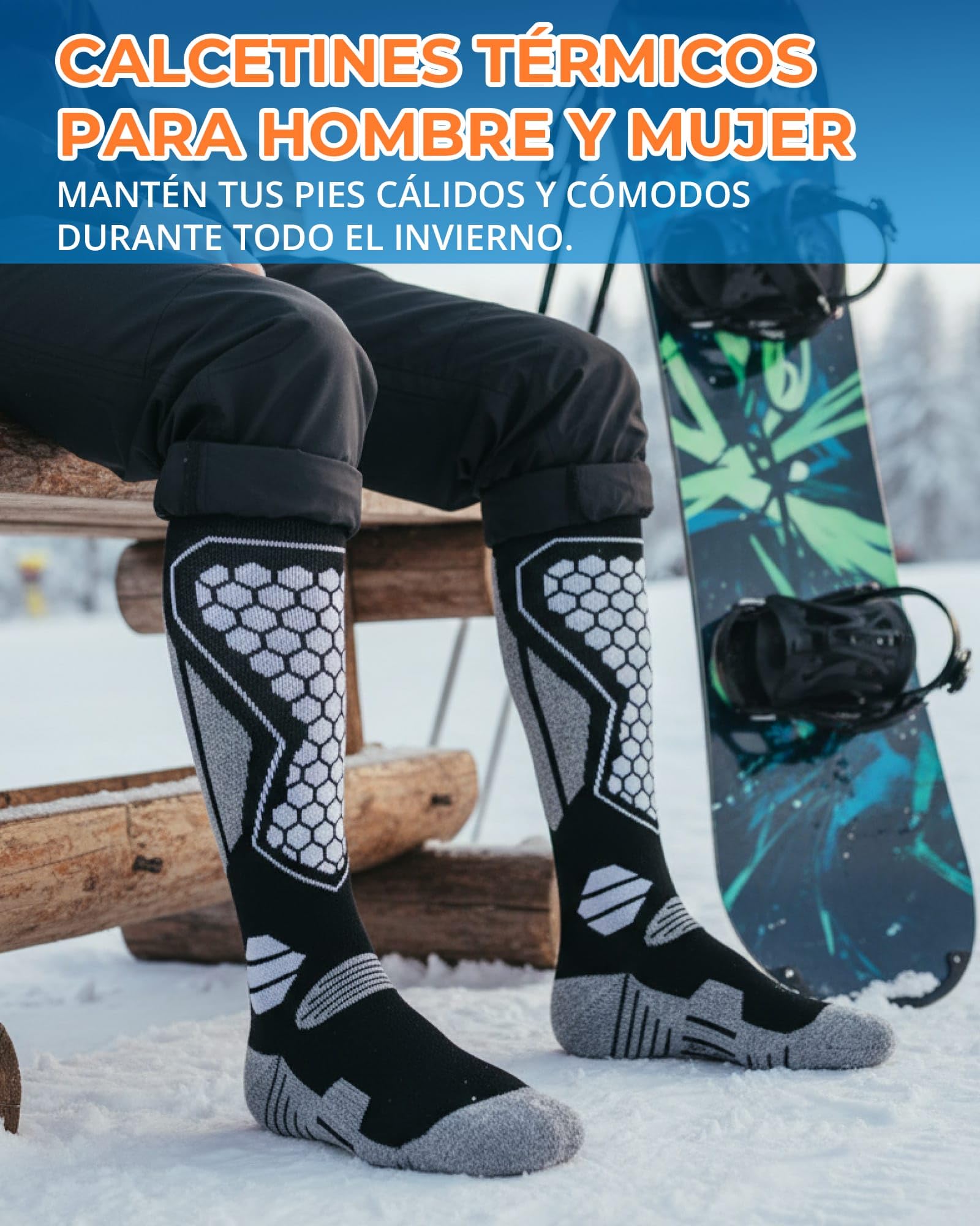Calcetines de Esquí Lana Merino Térmicos – 2 Pares Calcetines Altos para Hombre y Mujer, Cálidos, Transpirables e Imbottados para Nieve, Snowboard y Invierno