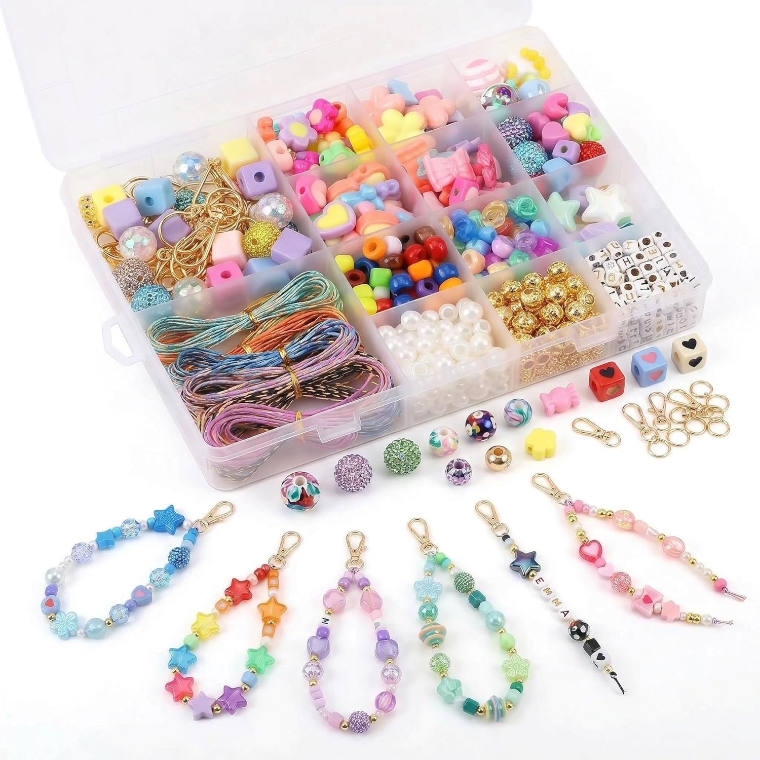 Imaginovelty 850+ Pcs DIY Bead Keychain Making Kit, Complete Bag Charm Craft Set with Colorful Alphabet Beads, Phone Charm Supplies for Girls, Personalized Jewelry Making Kit for Creative Gifts
