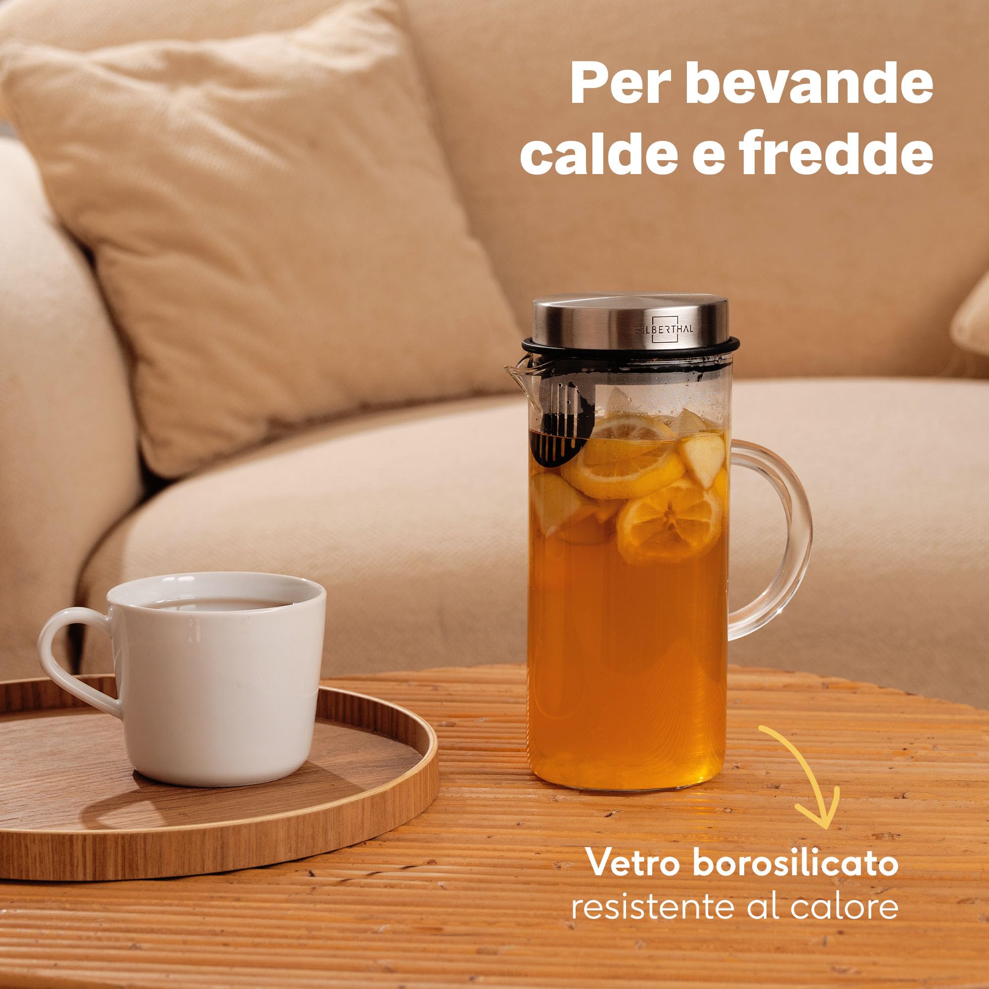 SILBERTHAL Brocca acqua vetro - Limonata e spritz - 1 litro - Caraffa con coperchio