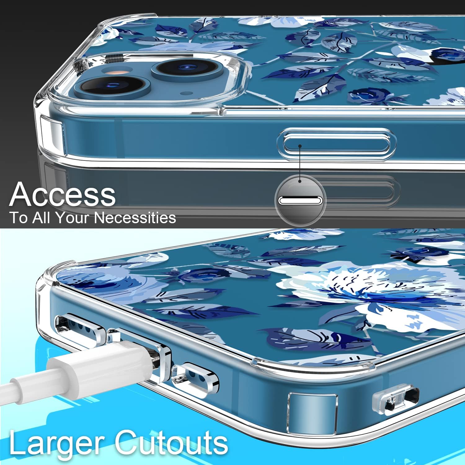 GiiKa for iPhone 13 Mini Case with Screen Protector 5.4 Inch, Clear Full Body Shockproof Protective Floral Girls Women Hard Case with TPU Bumper Cover Phone Case for iPhone 13 Mini, Blue Flowers