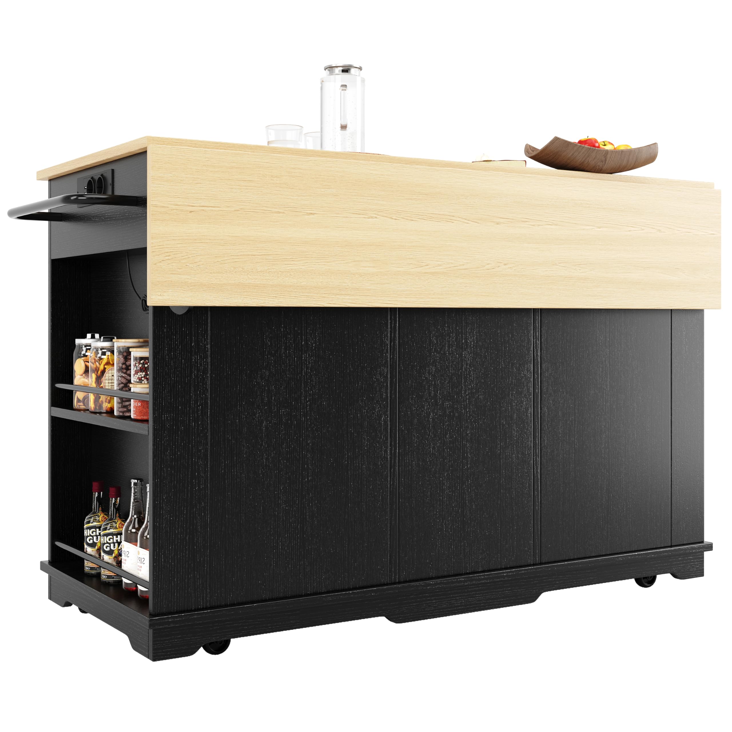Kücheninsel mit Rollen, Mobile Küchenschrank mit Steckdosenleiste Ausgestattet, Küchenkommode mit Klappbarer Arbeitsplatte, Küchen Sideboard, für Esszimmer, 151,5cm, Holzmaserung, Schwarz