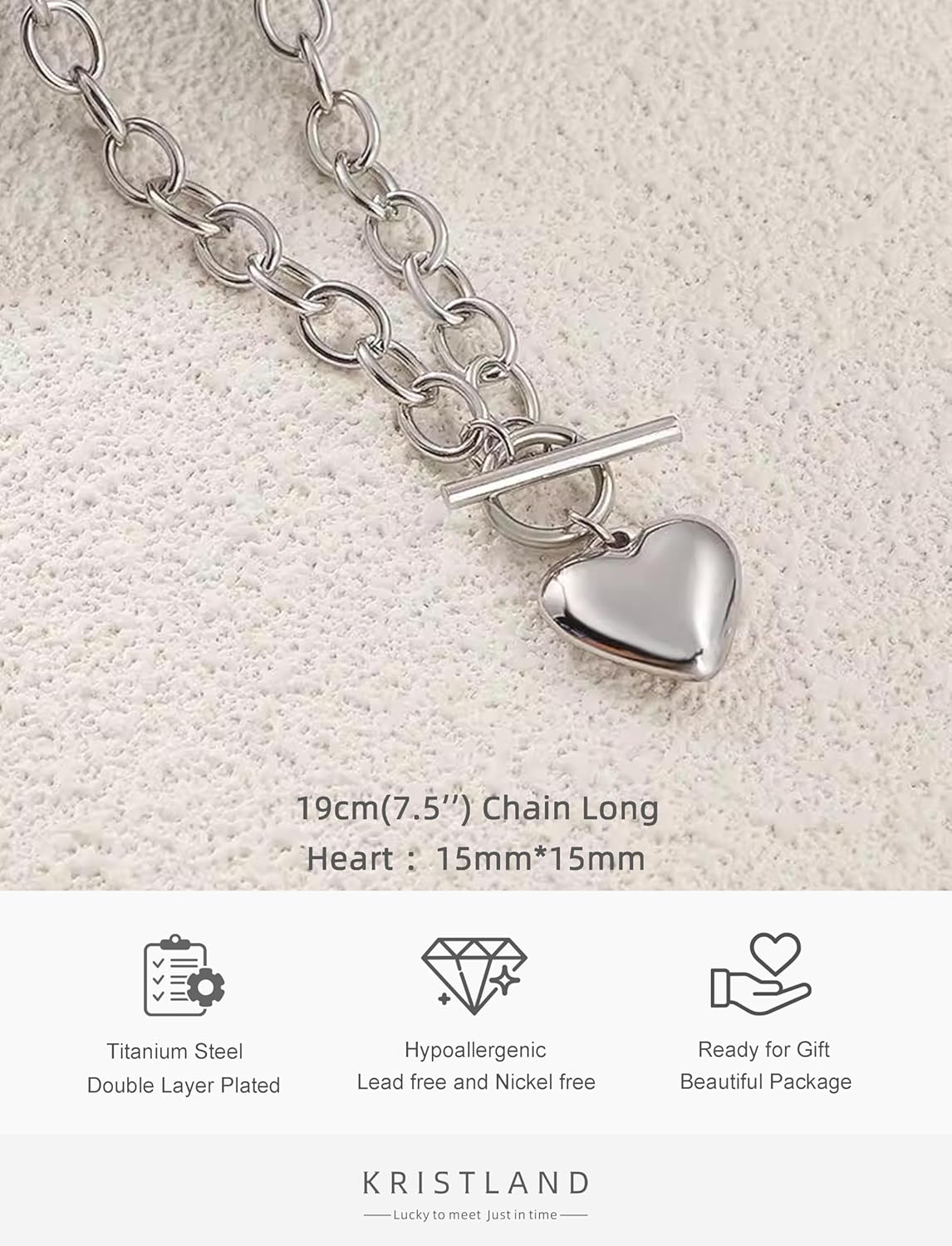 Silver Heart Toggle Bracelet Silver Plated Love Link Bracelet for Women Birthday Gift Lightweight 7.6" Long Hand Chain - Image 4