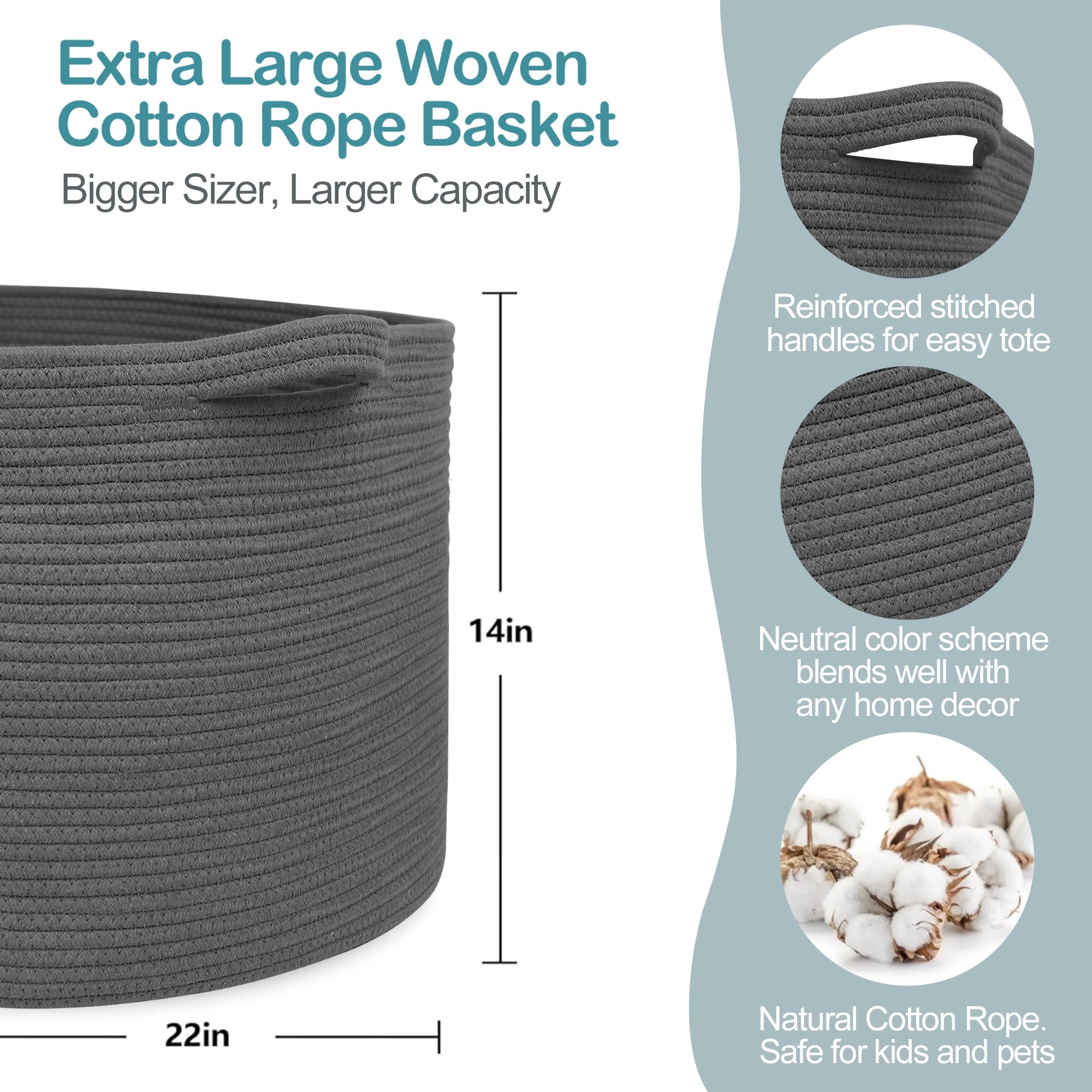 MEGASKET Grande cesto portaoggetti grigio scuro cestini in corda di cotone tessuto per stoccaggio grande cesto portaoggetti organizzatore coperta per soggiorno camera da letto