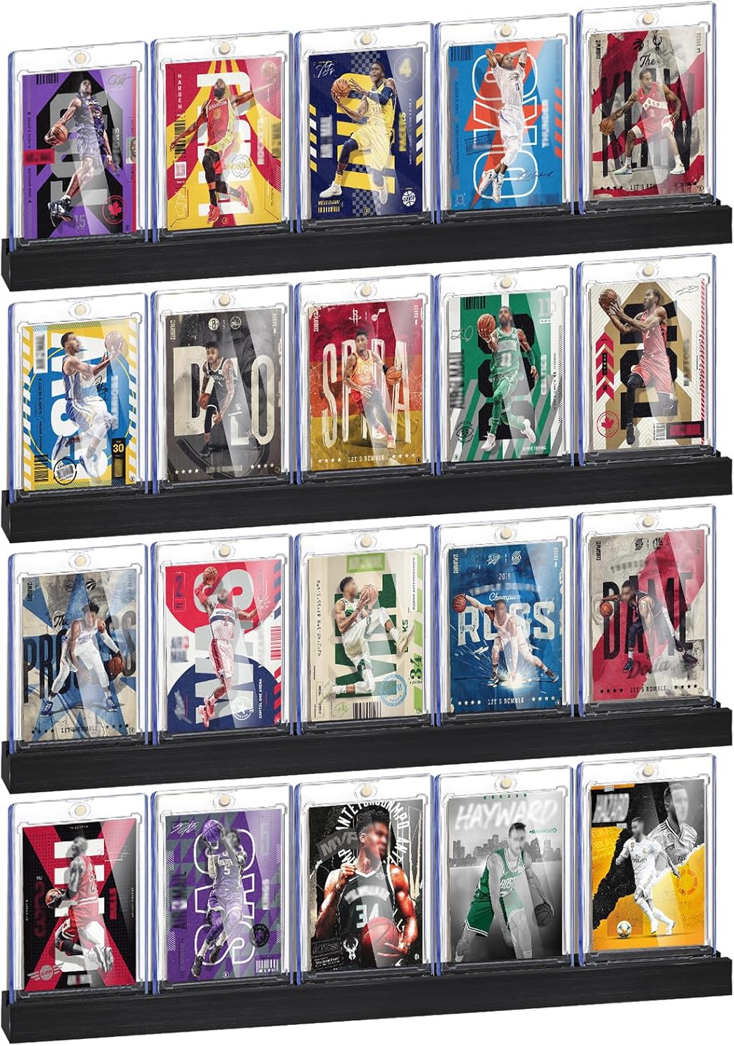 Sports Card Display Shelf for Wall, Holds 20 Trading Cards, 4PCS Wooden Card Holder for Baseball, Football, Basketball, and Graded Card Collection, Black