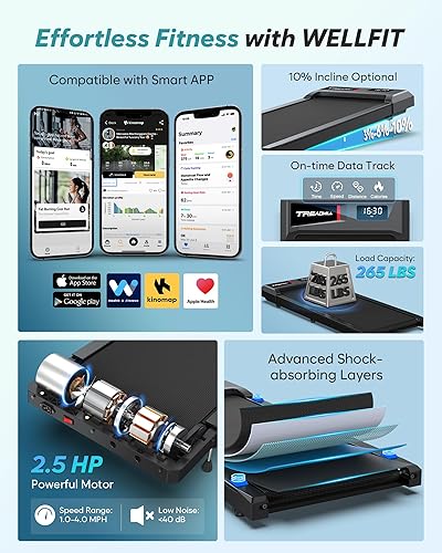 Miniatura 2 de WELLFIT Cinta de correr plegable con inclinación automática  10% inclinada escritorio caminadora con manubrio, capacidad de alta resistencia de 400