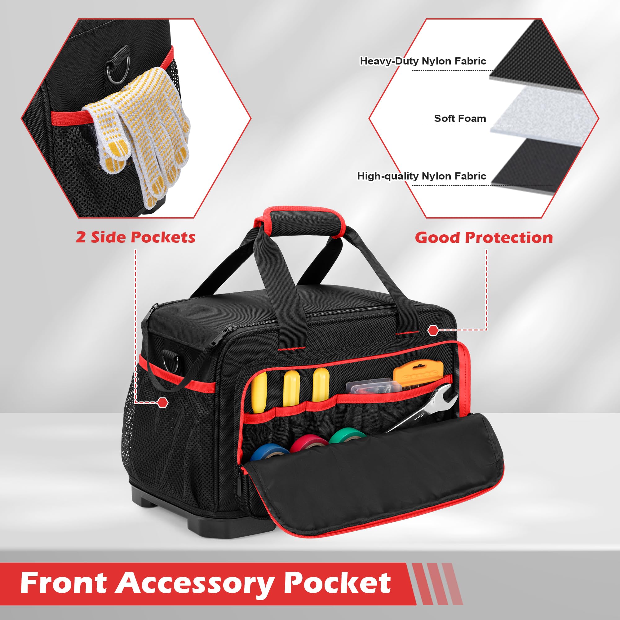 Rexmica 40cm Sac Outils pour Hommes, avec Fond Rigide en EVA et Bandoulière | Sac à Outils Multifonction pour Électriciens, Plombiers, Mécaniciens et Usage Automobile, Noir/Rouge