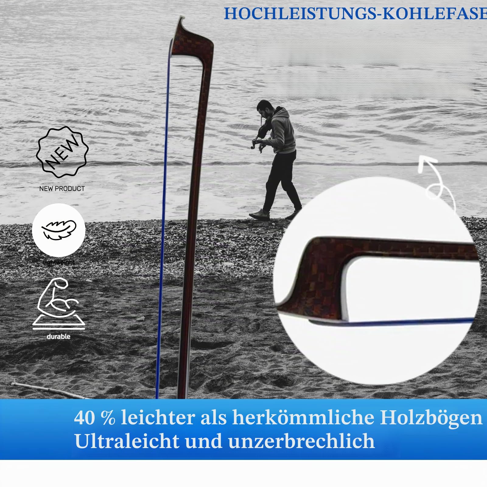 Premium Kohlenstofffaser-Geigenbogen 4/4 – Leicht, langlebig und stilvoll mit Schlangenholz-Frosch und gefärbtem Pferdehaar, farbenfroher Kohlenstofffaser-Geigenbogen – Lebendiges Design mit