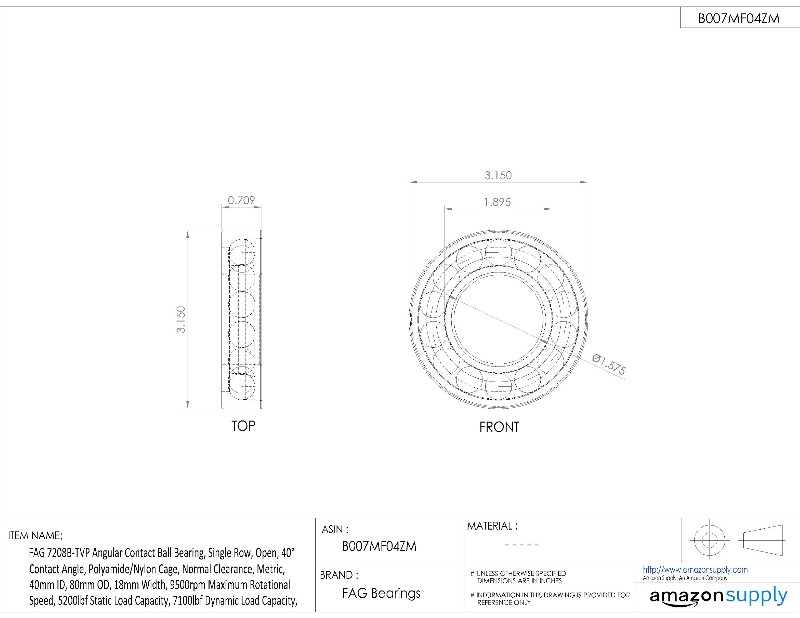 FAG 7208B-TVP Roulement à billes à contact angulaire à une rangée, ouvert, angle de contact de 40°, cage en polyamide/nylon, dégagement normal, métrique, 40 mm ID, 80 mm OD, 18 mm de largeur, 9500 tr/min, vitesse de rotation maximale, capacité de charge s
