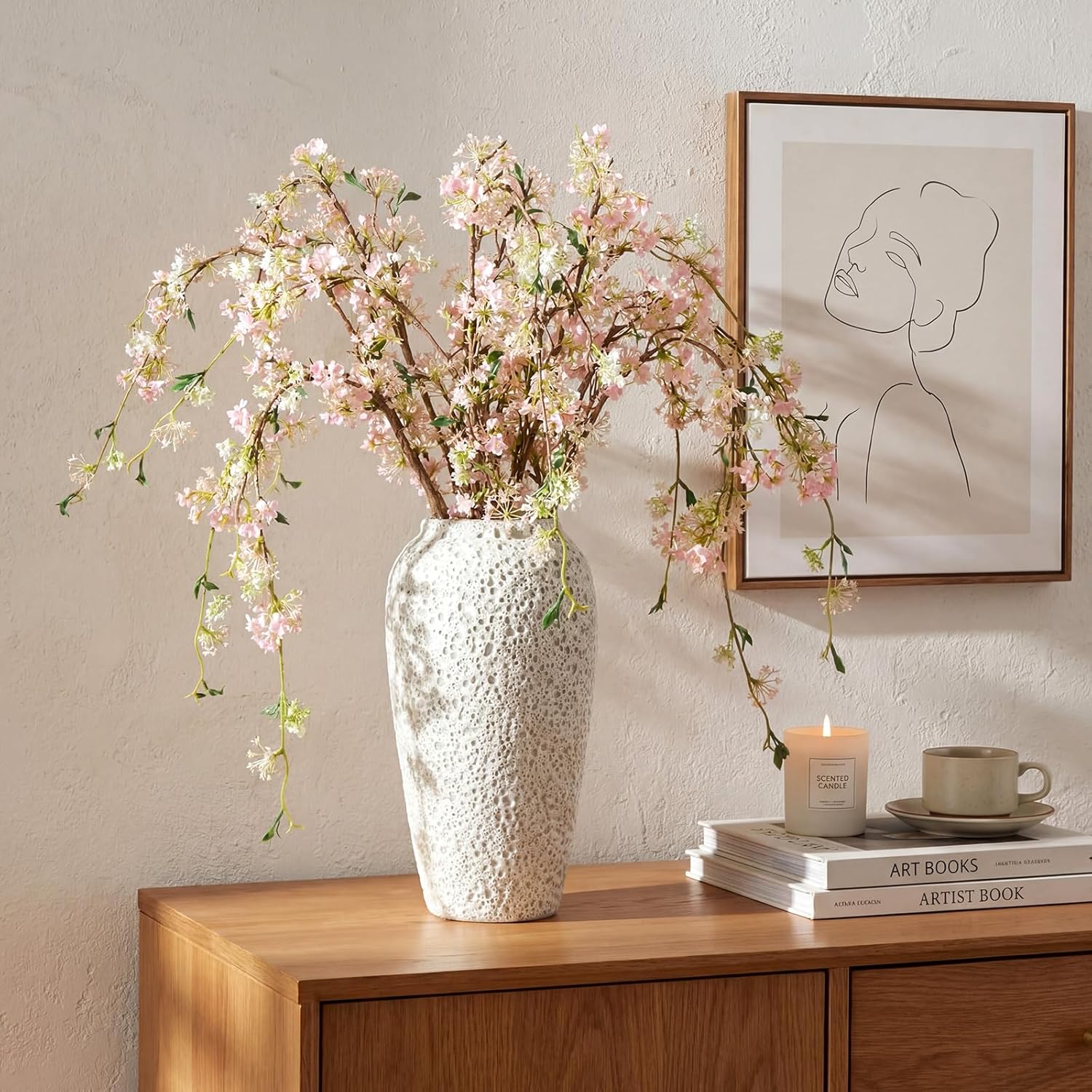 Zeyune 6 Pcs Artificial Cherry Blossom Branches with Green Buds 40" Spring Evergreen Faux Stem Plastic Plant Stem Picks Sprigs for Tall Vase DIY, Modern Home Table Wedding Indoor and Outdoor Decor Blossom Style Pink 6