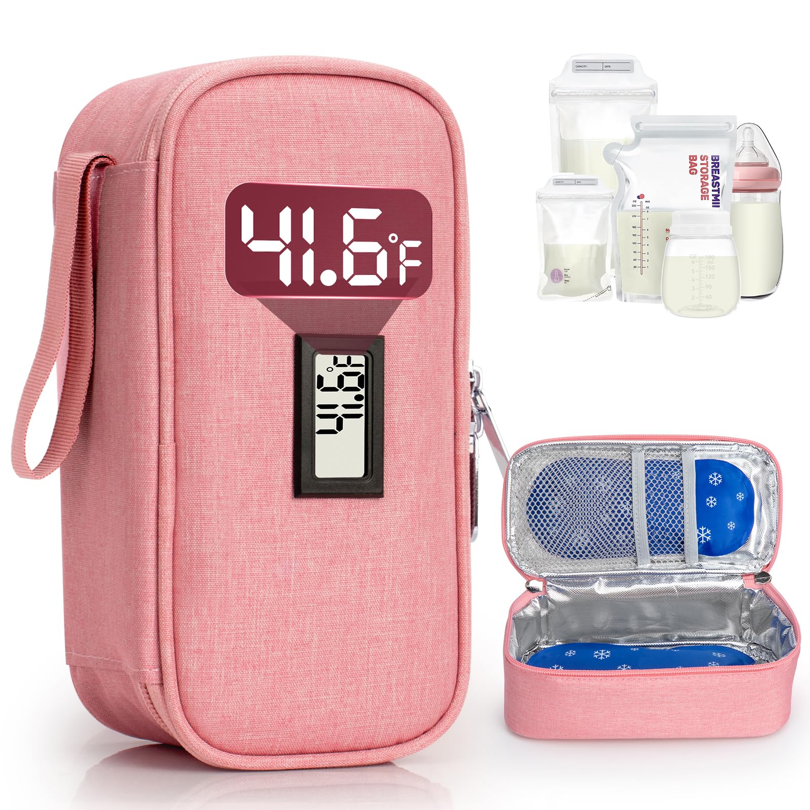 Breast Milk Cooler Travel Bag, Real-Time Temperature Display, Holds 4-6 Breastmilk Storage Bag with 2 Breast Milk Ice Pack, Cooling & Waterproof Portable Cooler for Moms on the Go(Pink)-image-14