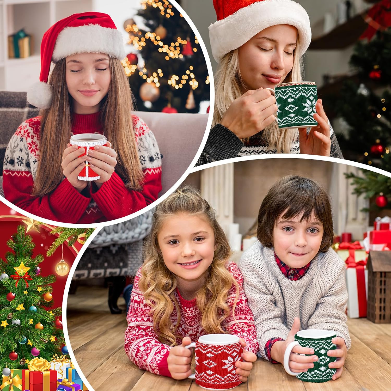OBUSATT 4 Pcs Christmas Cup Cozy Winter Knitted Cup Cozy Reusable Mug Holiday Seasonal Coffee Mug Warmer Crochet Coffee Sleeves Decoration for Family Women Men Christmas Party Gifts