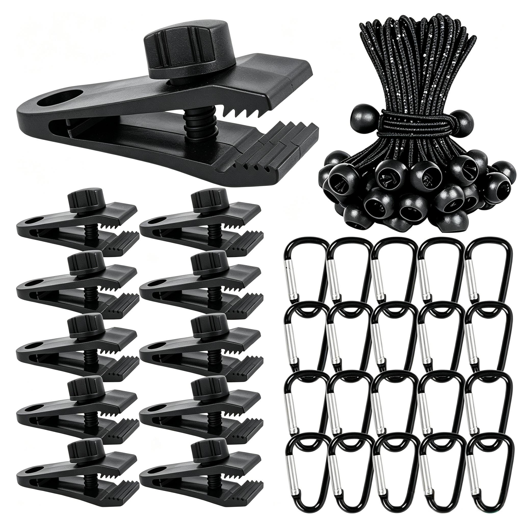 60-Piece Tarpaulin Clips Set, Multi-Purpose Tarpaulin Fasteners Tarp Clips Tent Clip Bungee Cords with Balls, for Tents, Awnings, Sun Sails and Outdoor Camping