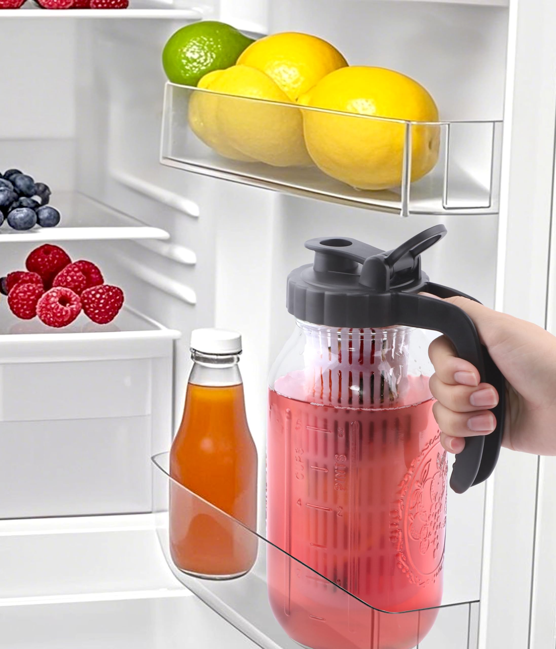 Jarra de agua de vidrio de 64 onzas con infusor, juego de 2 jarras de agua de medio galón, jarra de 2 cuartos de galón para té frío caliente, café, limonada, bebidas caseras, recipiente de jugo de
