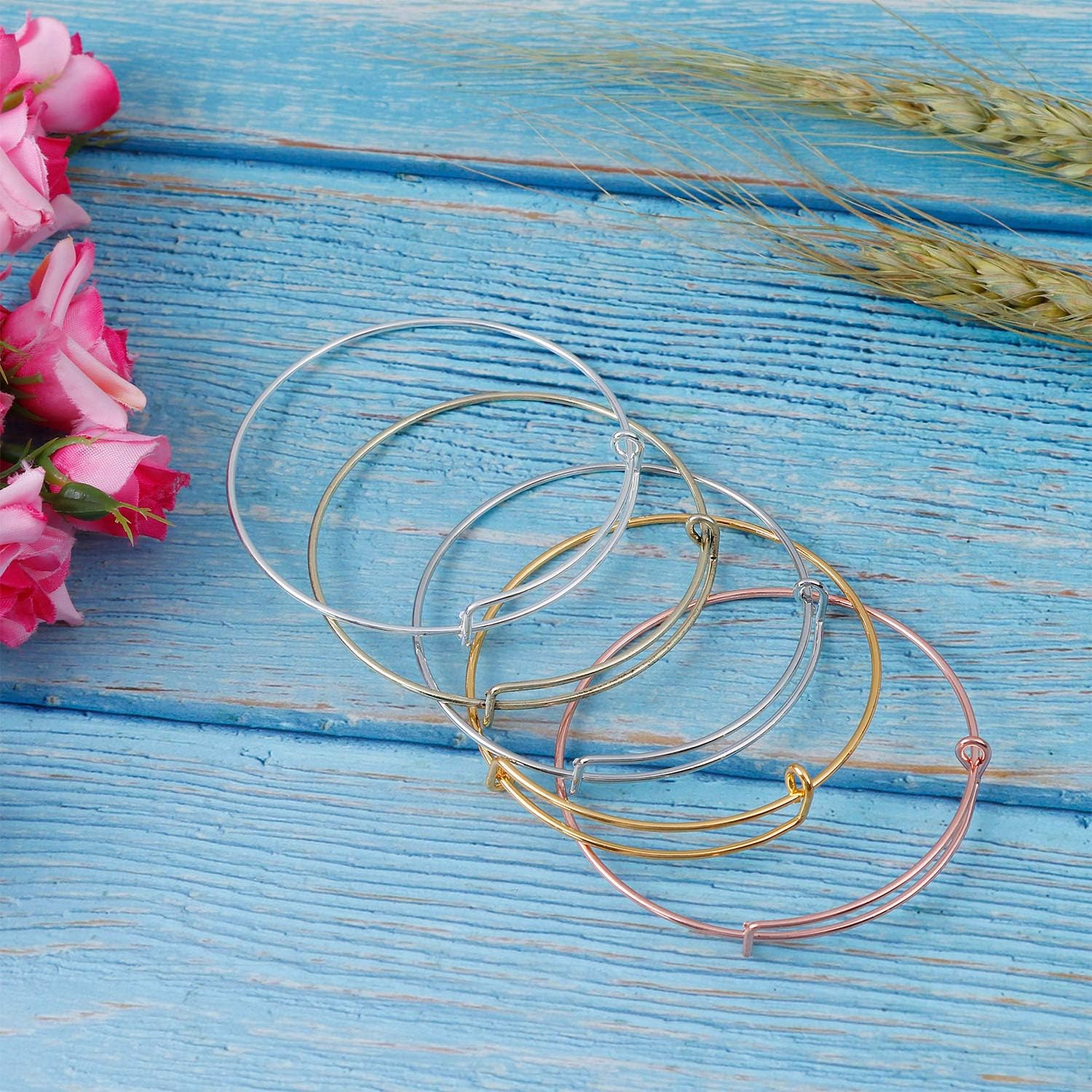 60Pcs Expandable Bangle Bracelet Adjustable Bracelets Blank Wire Bangle for Women DIY Jewelry Making, 12 Pcs Each Color
