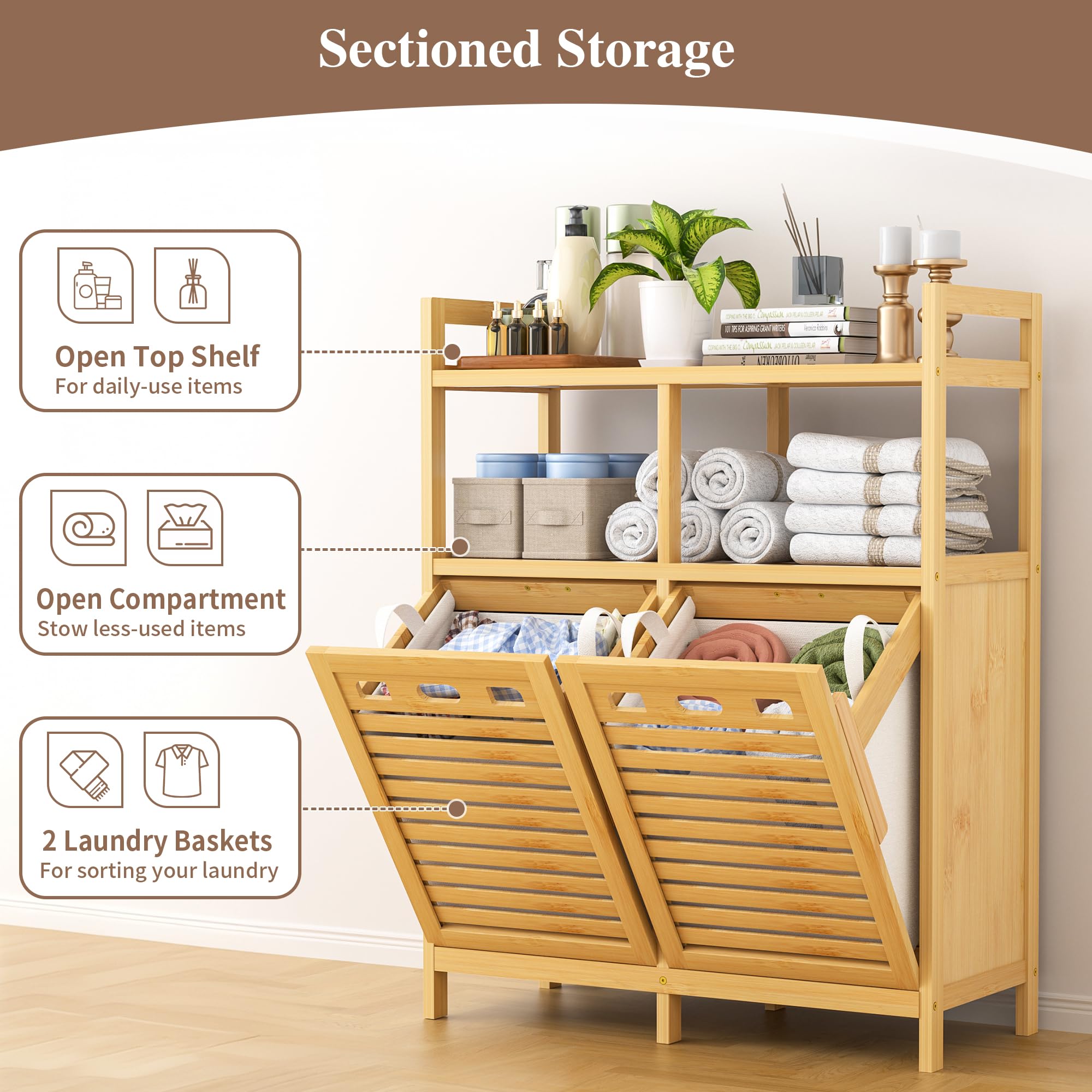 VASMIA Armadietto Bagno con Cesto per il Bucato, Bambù Mobile da Bagno, con 2 Ripiani, con 2 Sacchetti per il Bucato Estraibili (2 * 38 L), per Bagno, Camera da Letto, Lavanderia, Naturale