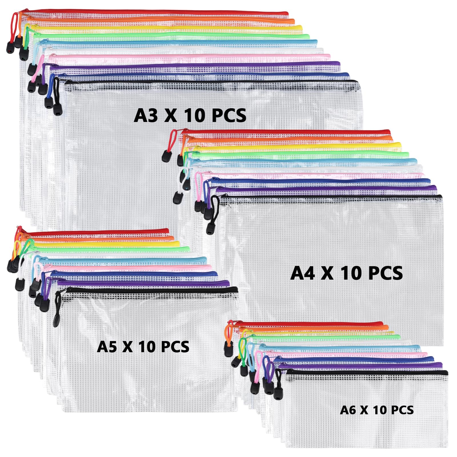 MAKTSAM 40 PCS A3 A4 A5 A6 Plastic Wallets Zipper File Folders, Coloured Zip Lock Bags Document Wallets, Mesh File Bags for Office, Travel