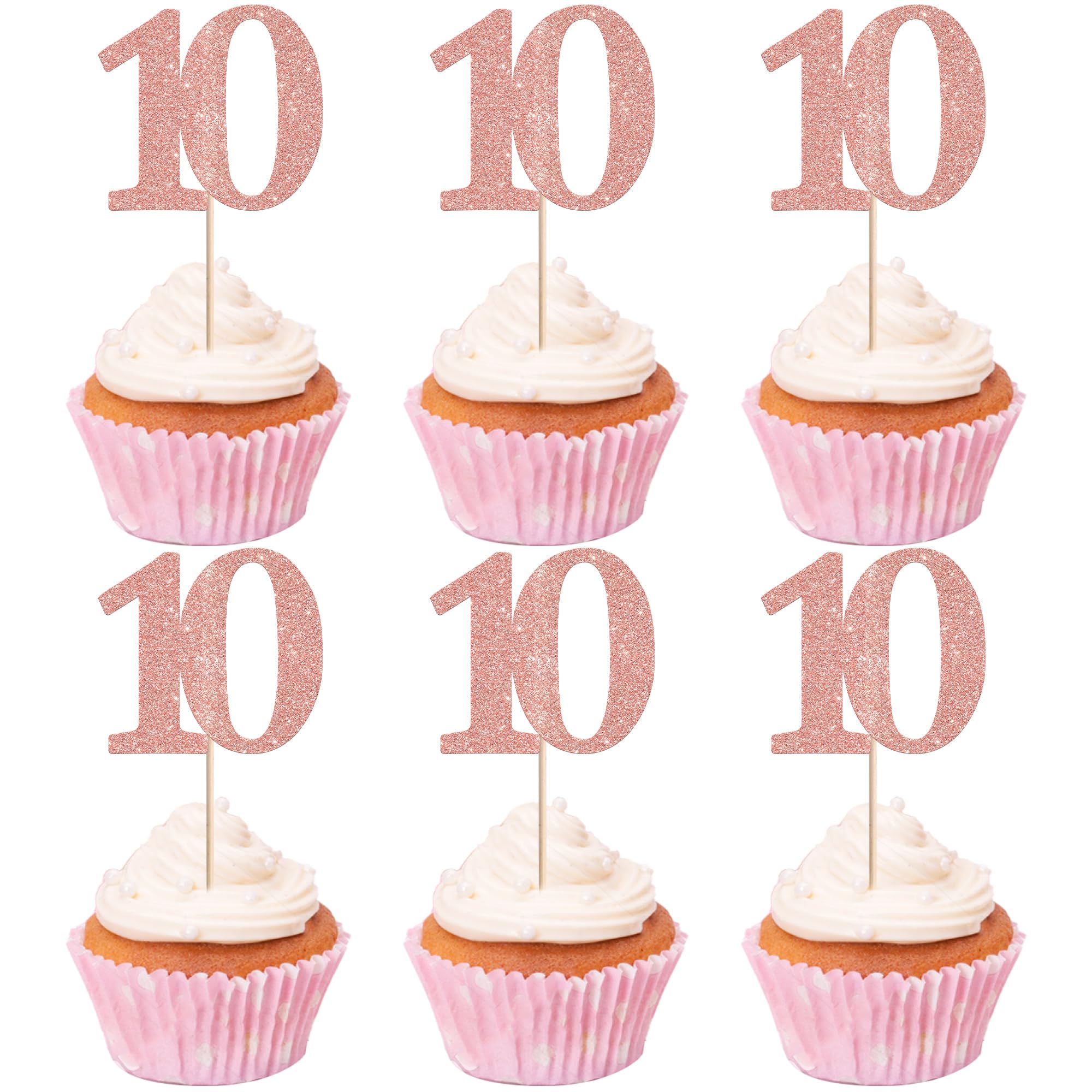 Xsstarmi 36 Pack Number 10 Cupcake Toppers Glitter Cheers to 10 Years Birthday Cupcake Picks Decoration for Happy 10th Birthday Wedding Anniversary Party Cake Decorations Rose Gold