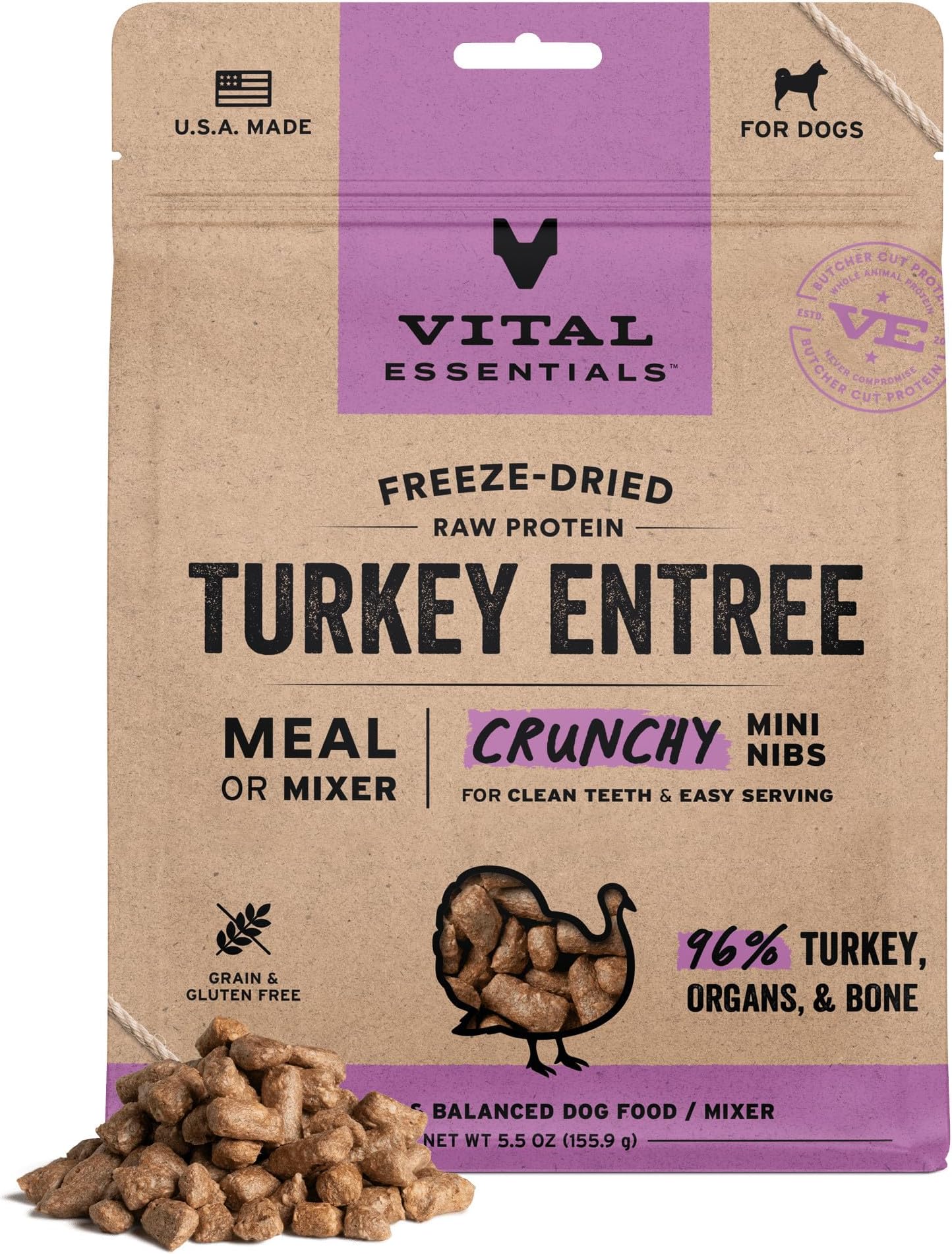 Vital Essentials Freeze Dried Dog Food, Raw Turkey Crunchy Mini Nibs | Complete Meal or Topper | 96% Turkey, Organs & Bone | Limited Ingredient, High Protein, Grain Free Dry Dog Food | 5.5 oz Bag