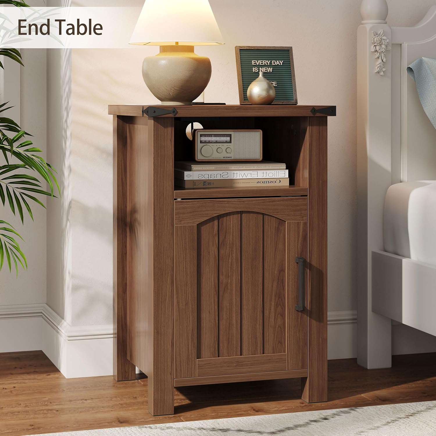 Farmhouse Nightstand with Charging Station, Set of 2 End Table with USB/Type-C Ports and Power Outlets, Rustic Bedside Table with Large Storage and Open Shelf, Modern Side Table for Bedroom, Walnut