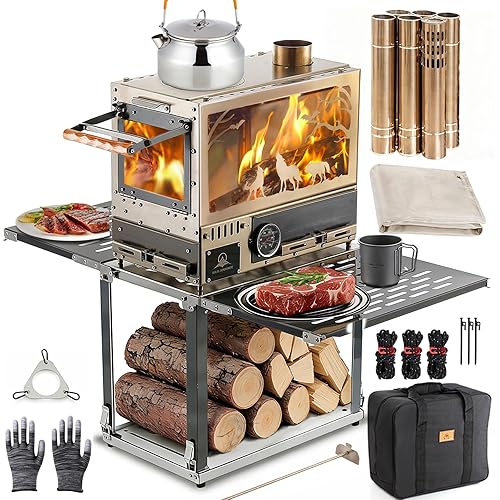 Wood Stove Wood Burning Stove Hot Tent Stove, Stainless Steel Portable Camping Stove with Oven & Base and 6 Chimney Pipe for Outdoor, Camping, Cooking, Tents, Car Travel