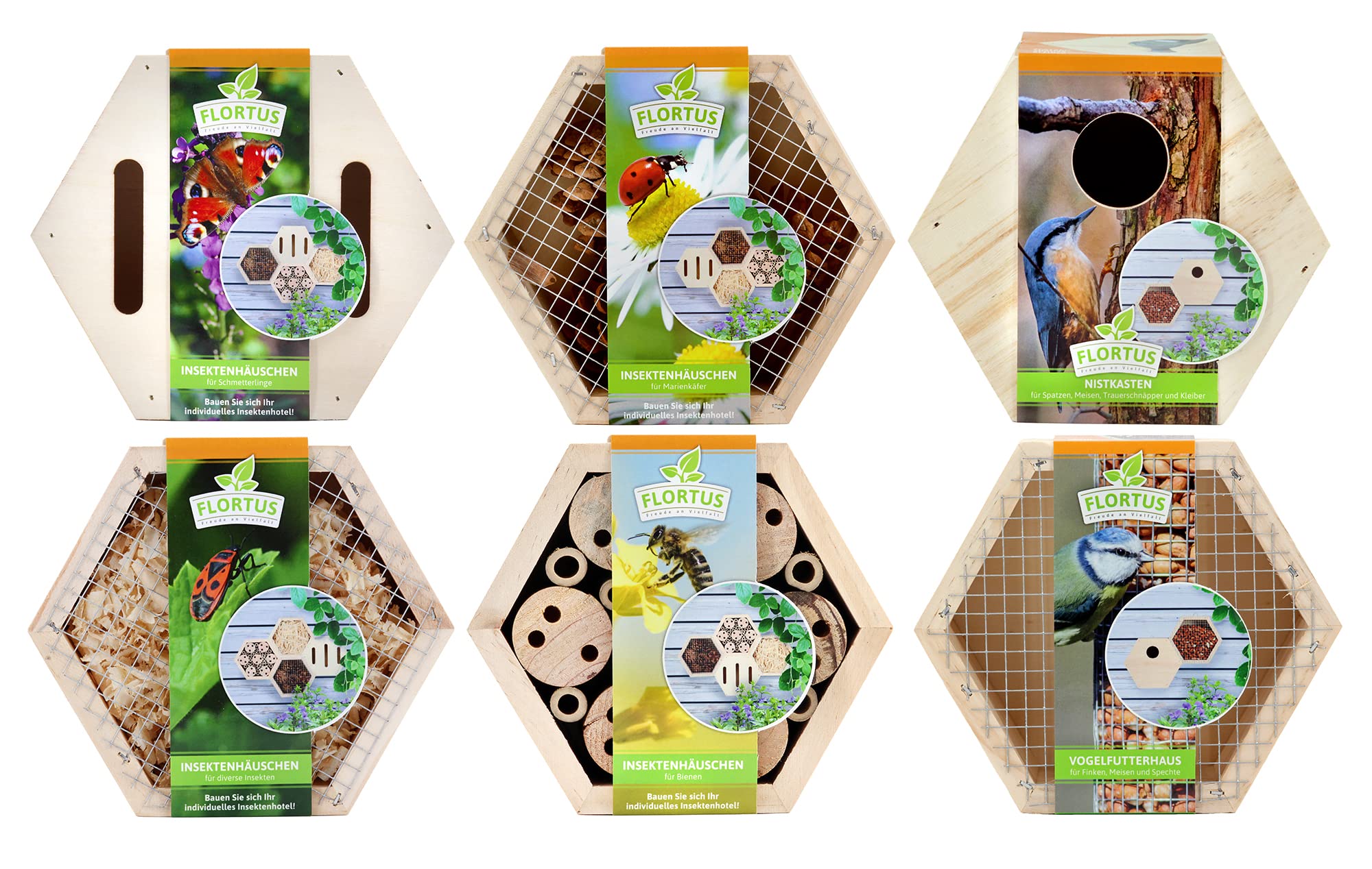 FLORTUS Set aus Insektenhotels, Vogelfutterhaus und Nistkasten im Set | Insektenhotels kombinierbar | Bienenhotel Schmetterlingshaus Marienkäferhaus