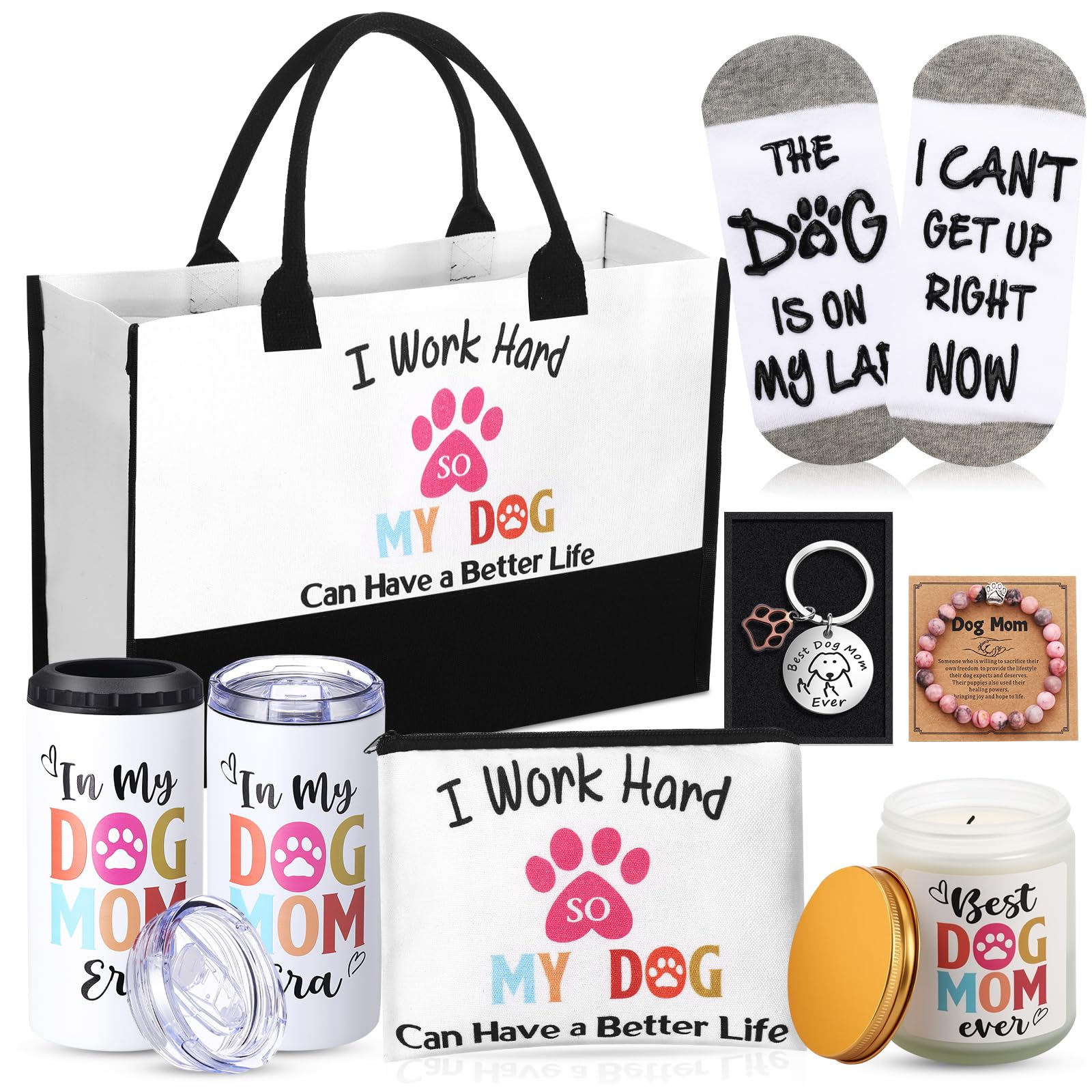 Zopeal Christmas Dog Mom Gifts for Women Birthday Dog Lover Gifts Include 16 oz Tumbler Makeup Bag Canvas Tote Bag Aromatherapy Candle Socks Bracelet