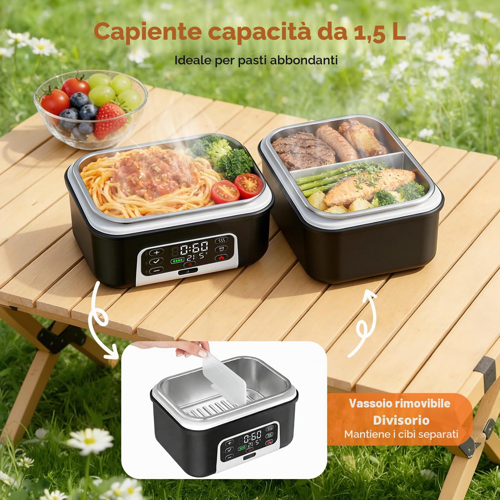 Scaldavivande a Batteria Ricaricabile, 1,5L Lunch Box Elettrico Portatile, Porta Pranzo Riscaldabile con 6 Modalità di Riscaldamento & Timer 24H, Antiperdita per Lavoro Viaggio Campeggio