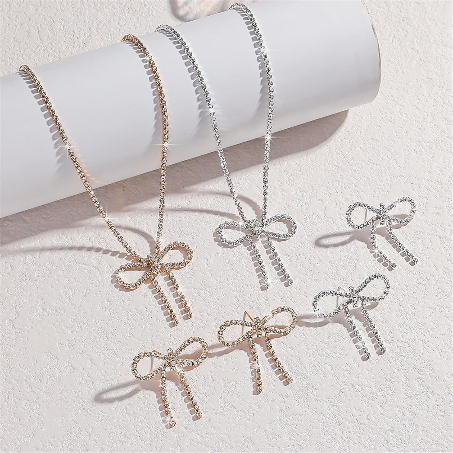 Rhinestone Bow Necklace and Earrings Set for Women Silver Sparkly Crystal Bowknot Necklace Rhinestone Tassel Earrings Winter Prom Wedding Party Dress Jewelry Set Stocking Stuffers Christmas Gifts - Image 7